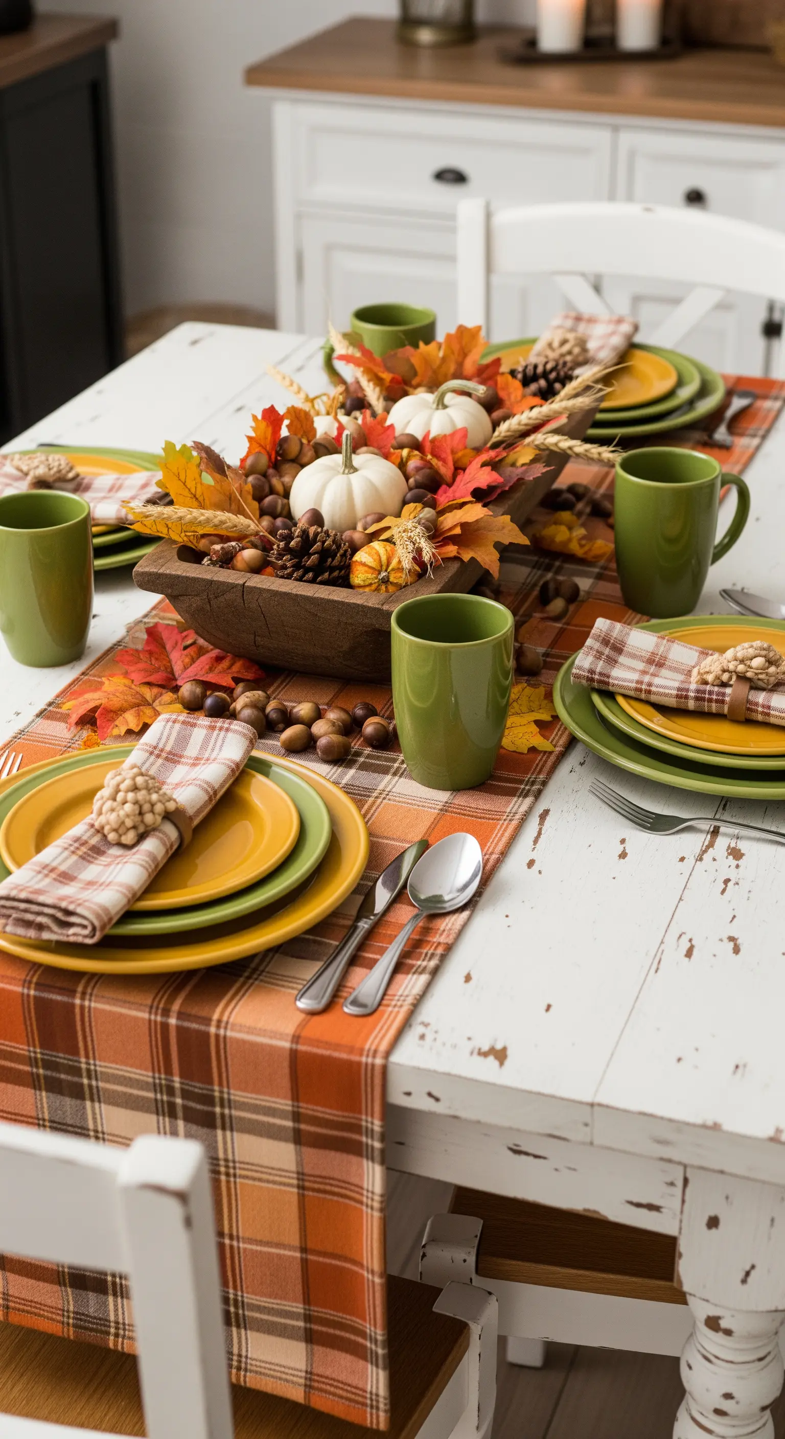 Tavola rustica con runner arancione, piatti verdi e gialli, e centrotavola con zucche bianche.