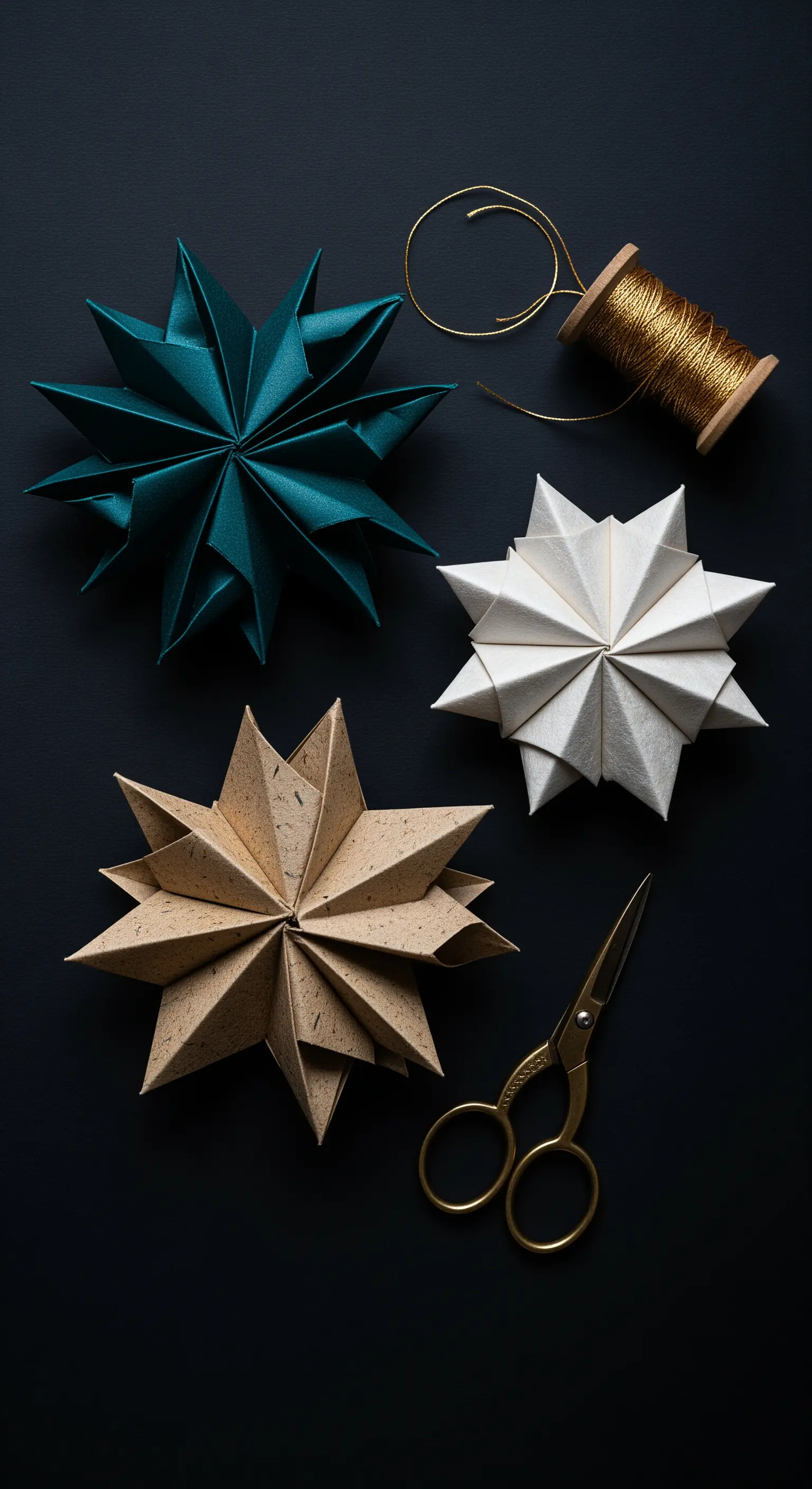 Stelle di carta di diversi colori e texture (kraft, bianco, verde) su sfondo scuro