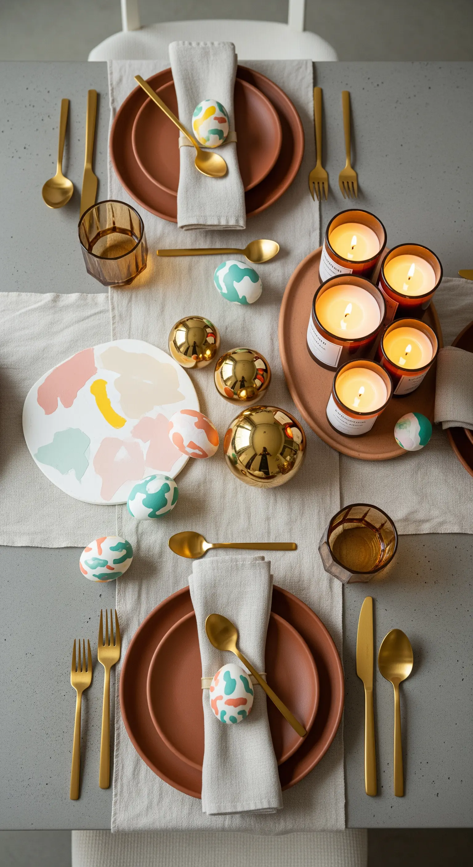 Tavola pasquale moderna con piatti in terracotta, posate dorate e uova dipinte a mano.