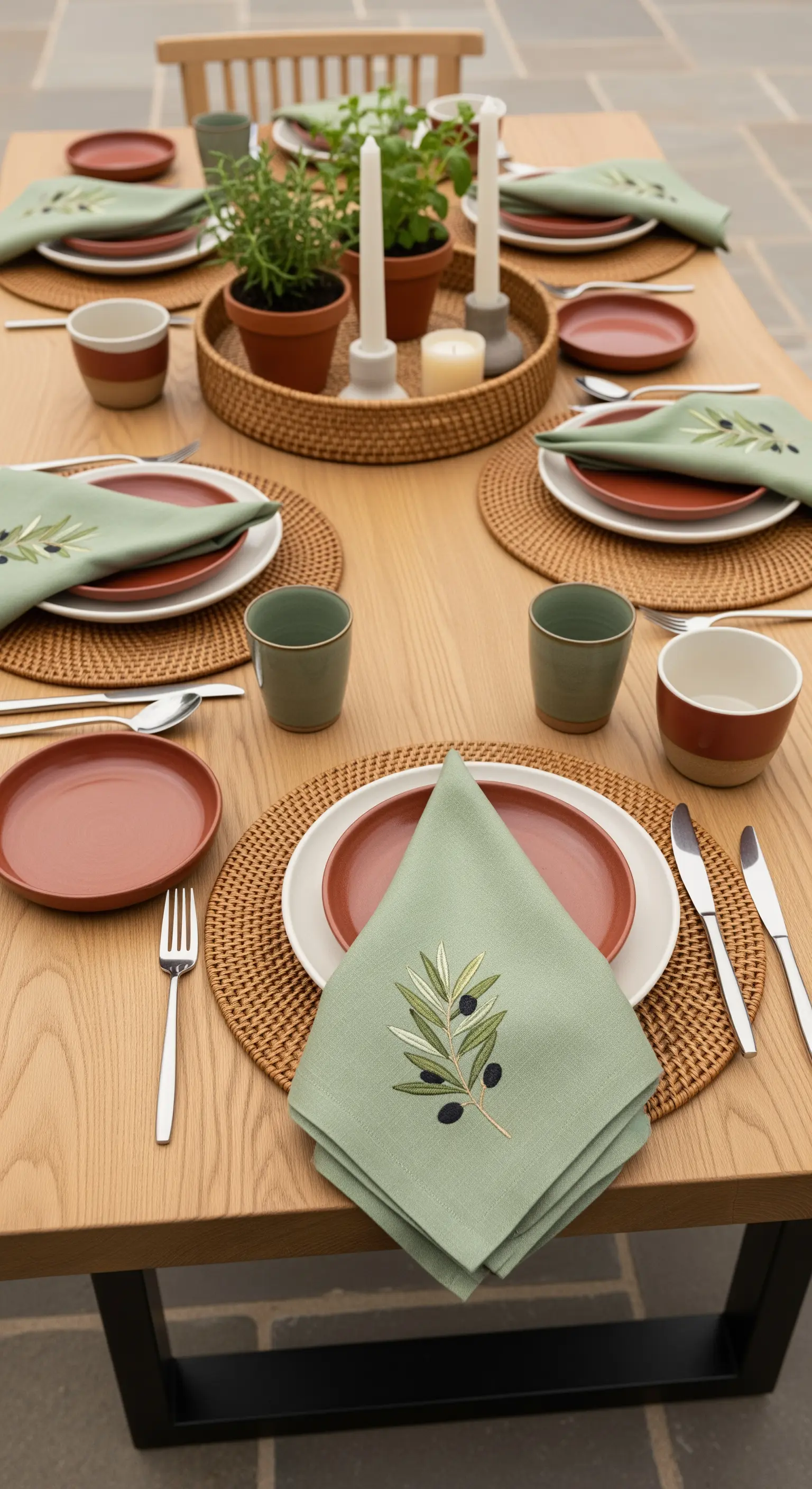 Tavola minimalista con piatti in terracotta, tovaglioli verdi e tovagliette in rattan.