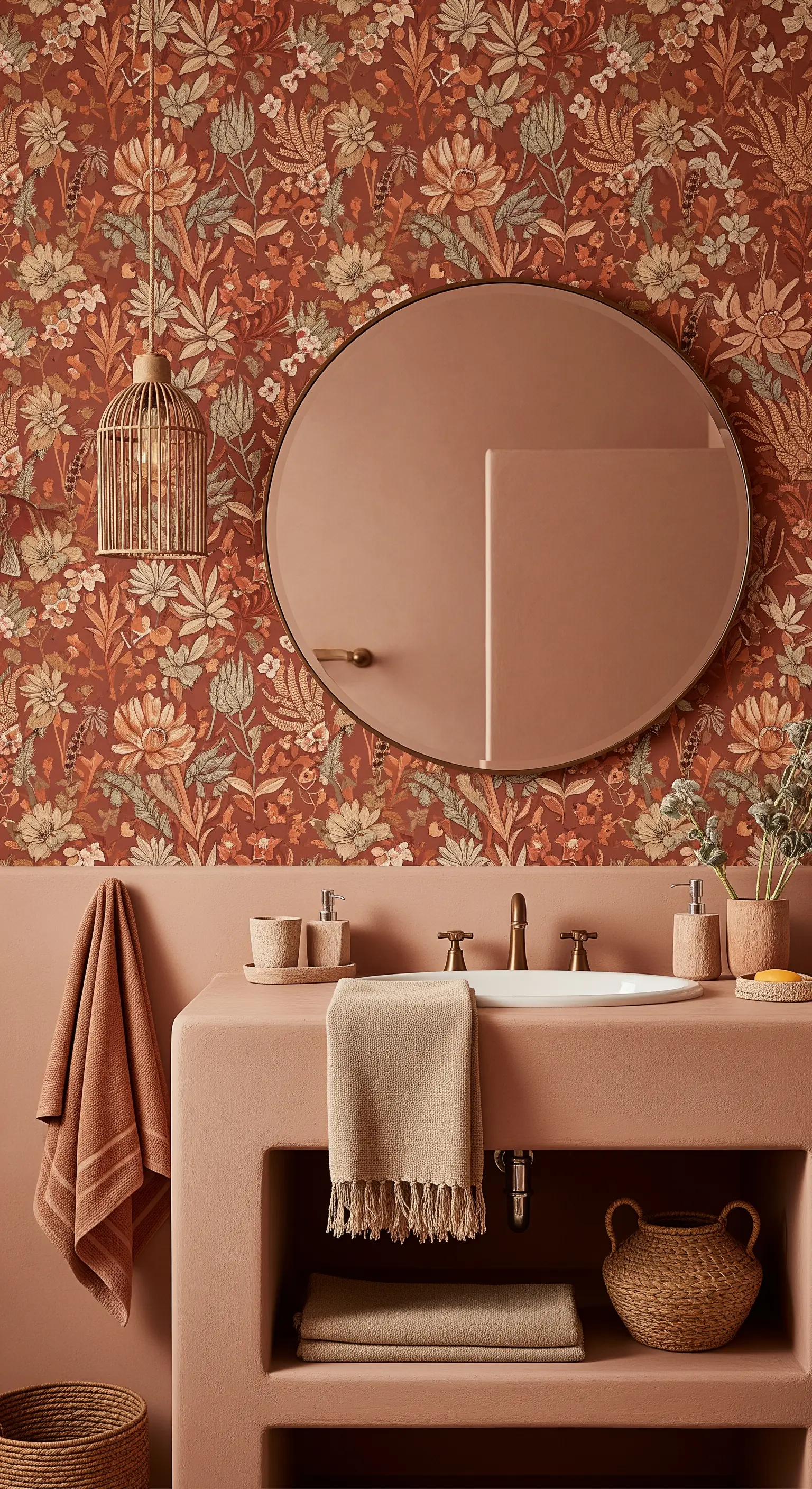 Bagno monocromatico nei toni della terracotta con lavabo integrato e carta da parati floreale.
