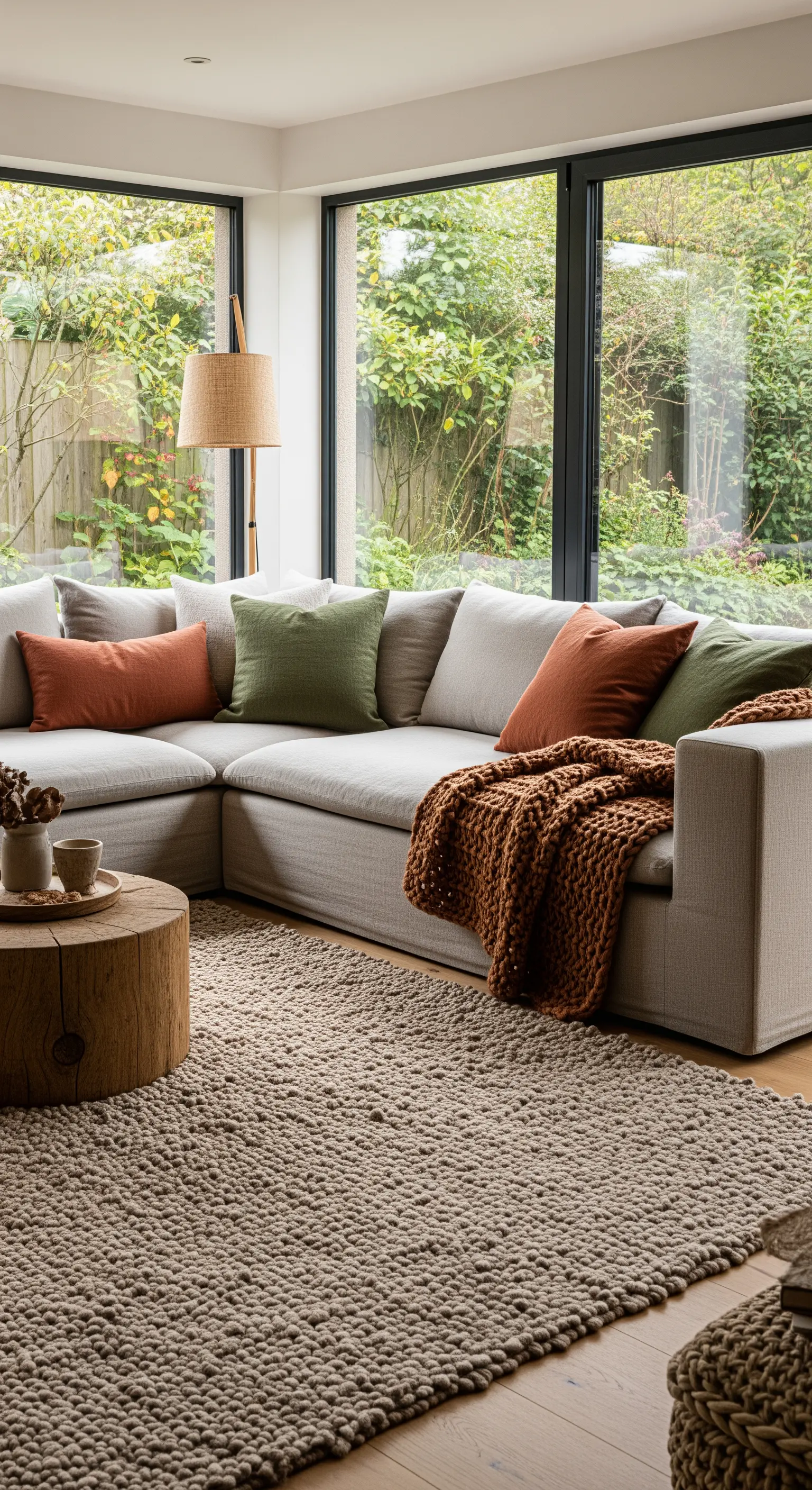 Divano angolare color lino con cuscini verdi e terracotta, davanti a una grande vetrata sul giardino.