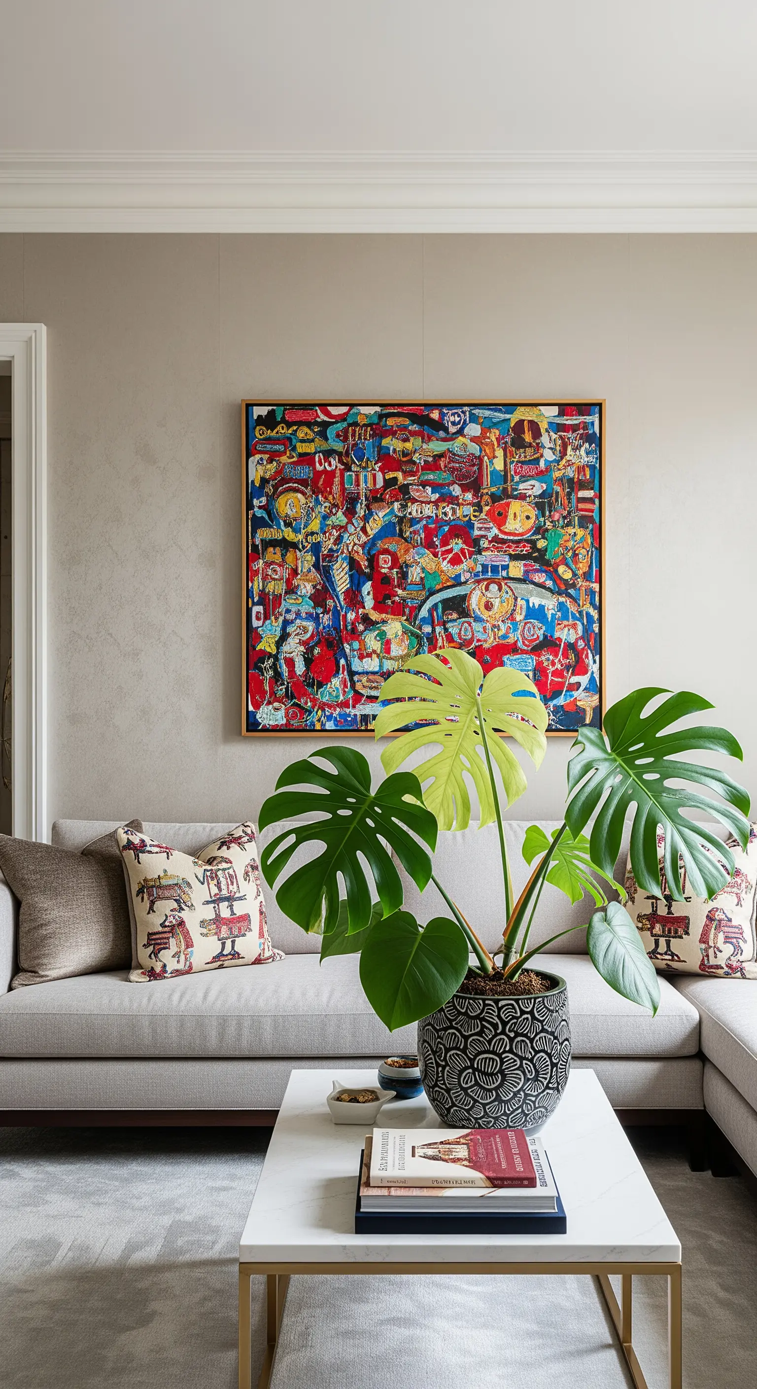 Salotto neutro con divano beige, un grande quadro collage colorato e una pianta di Monstera.