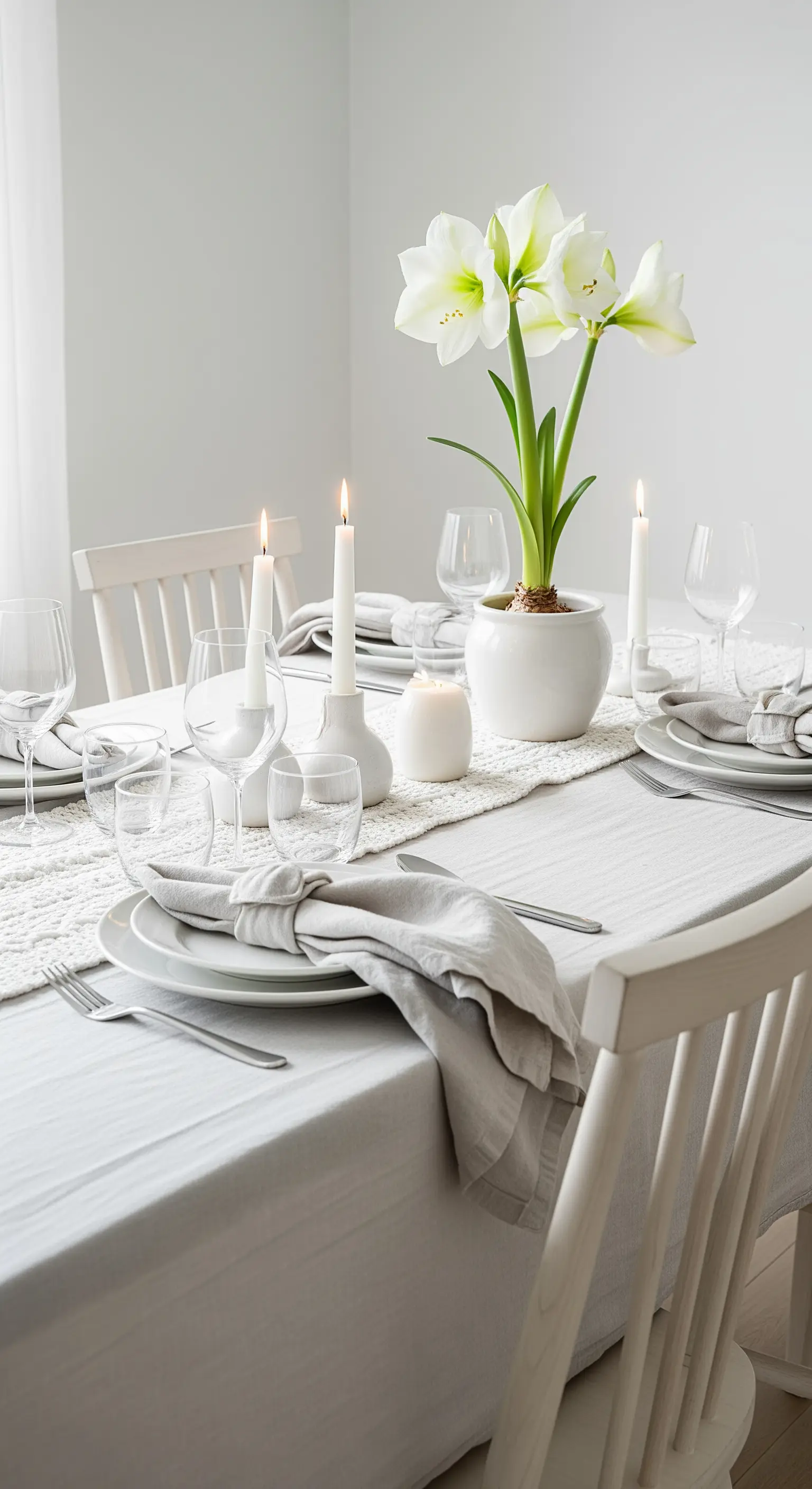 Tavola natalizia in toni di grigio e bianco con un fiore di amaryllis come centrotavola.