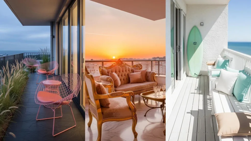 Tre balconi con palette pastello: sedie retro rosa, divano oro e cuscini coordinati azzurri con vista mare e tramonto.
