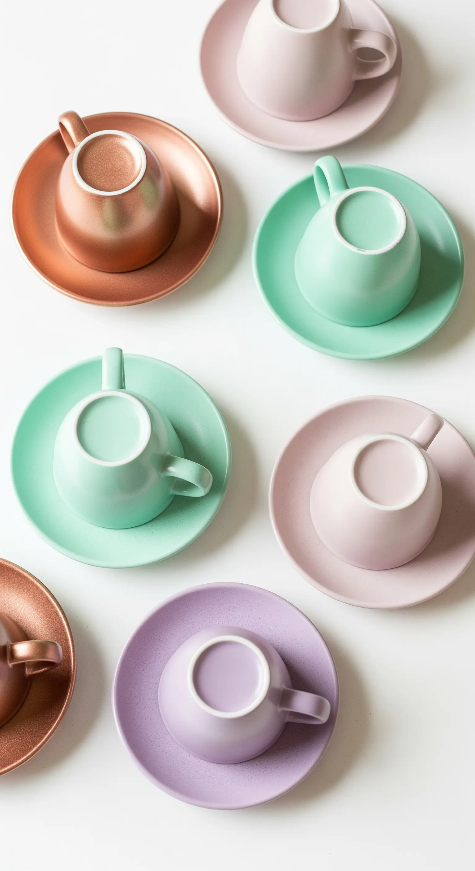 Tazzine da caffè e piattini verniciati in colori pastello e rame, usati come mini alzate