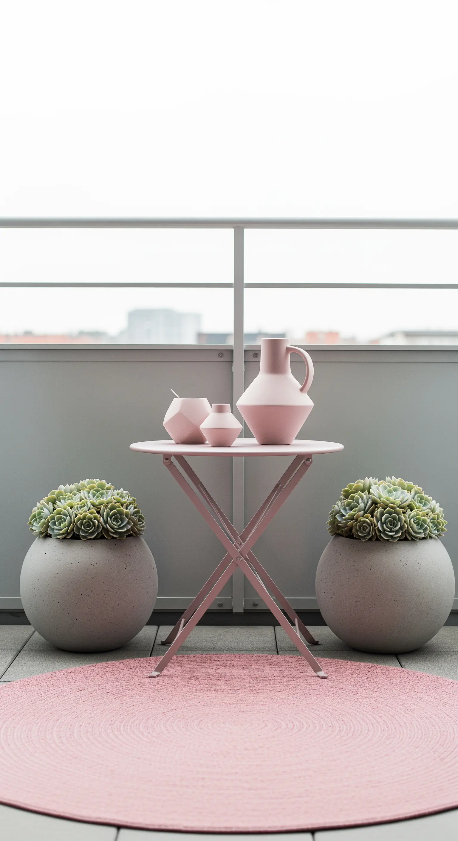 Balcone minimalista con tavolino rosa, tappeto rotondo coordinato e due grandi vasi grigi.