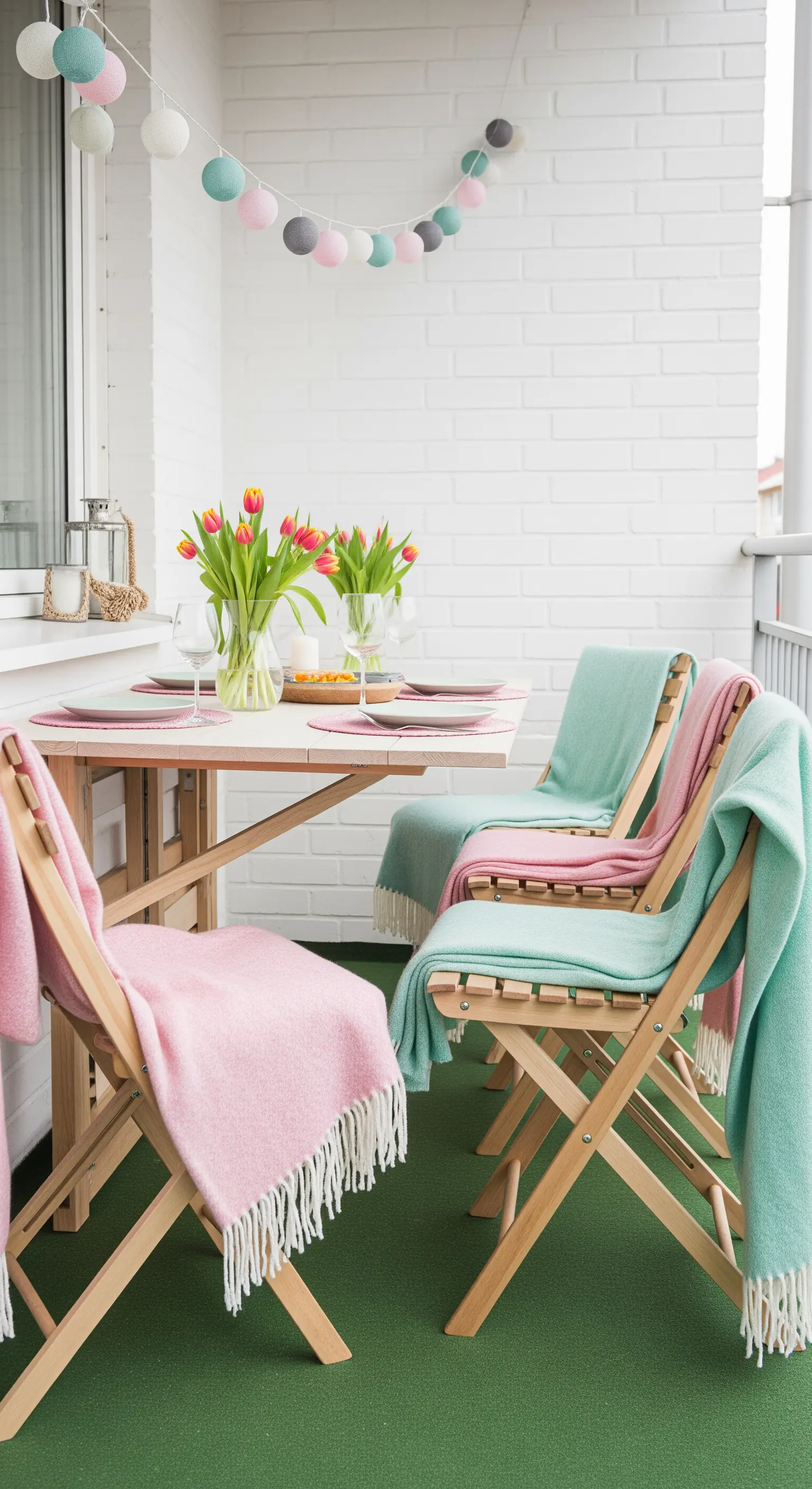 Sedie in legno con coperte di lana rosa e menta su un balcone luminoso.