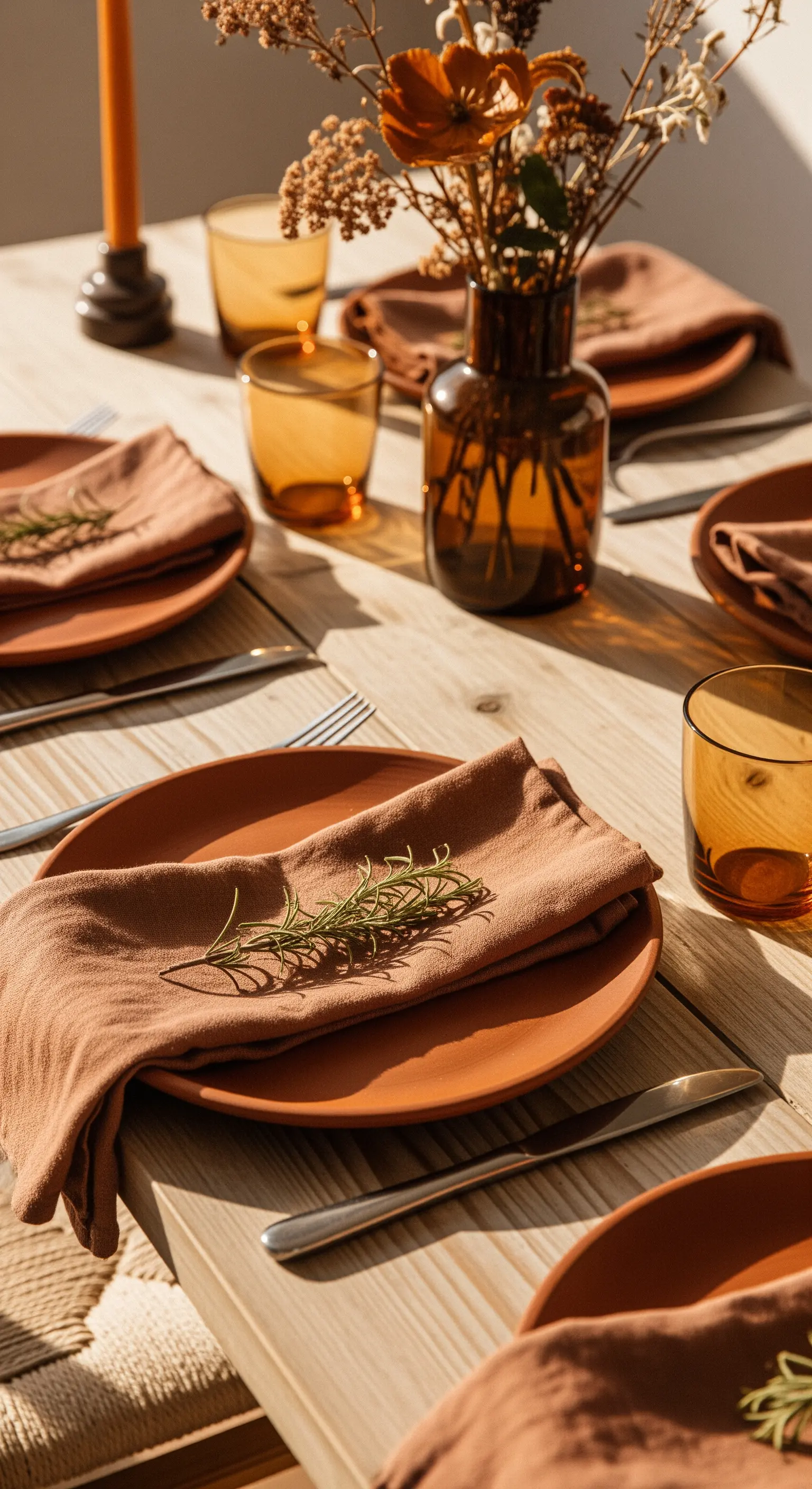 Mise en place color terracotta con rametto di rosmarino e bicchieri ambrati.