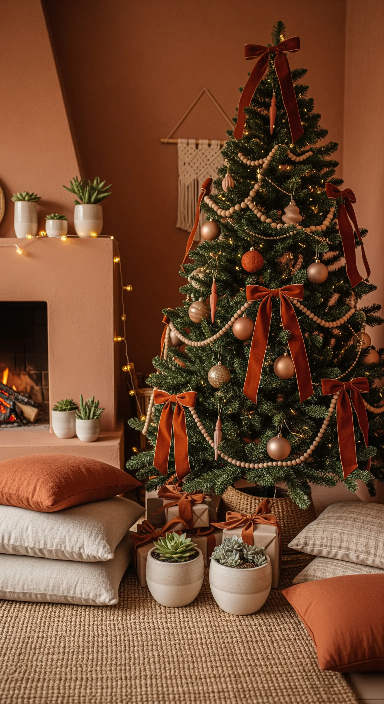 Albero di Natale con fiocchi in velluto color ruggine e palline dorate, accanto a un camino