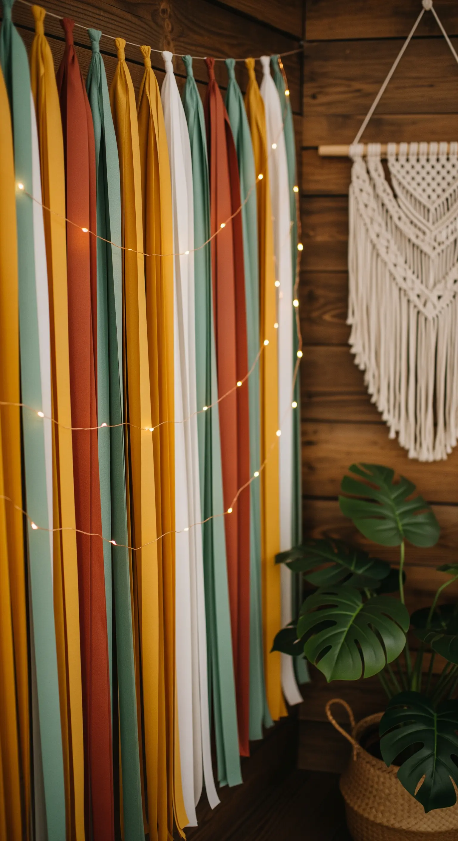 Tenda di carta crespa nei toni della terra con lucine LED e una decorazione in macramè.