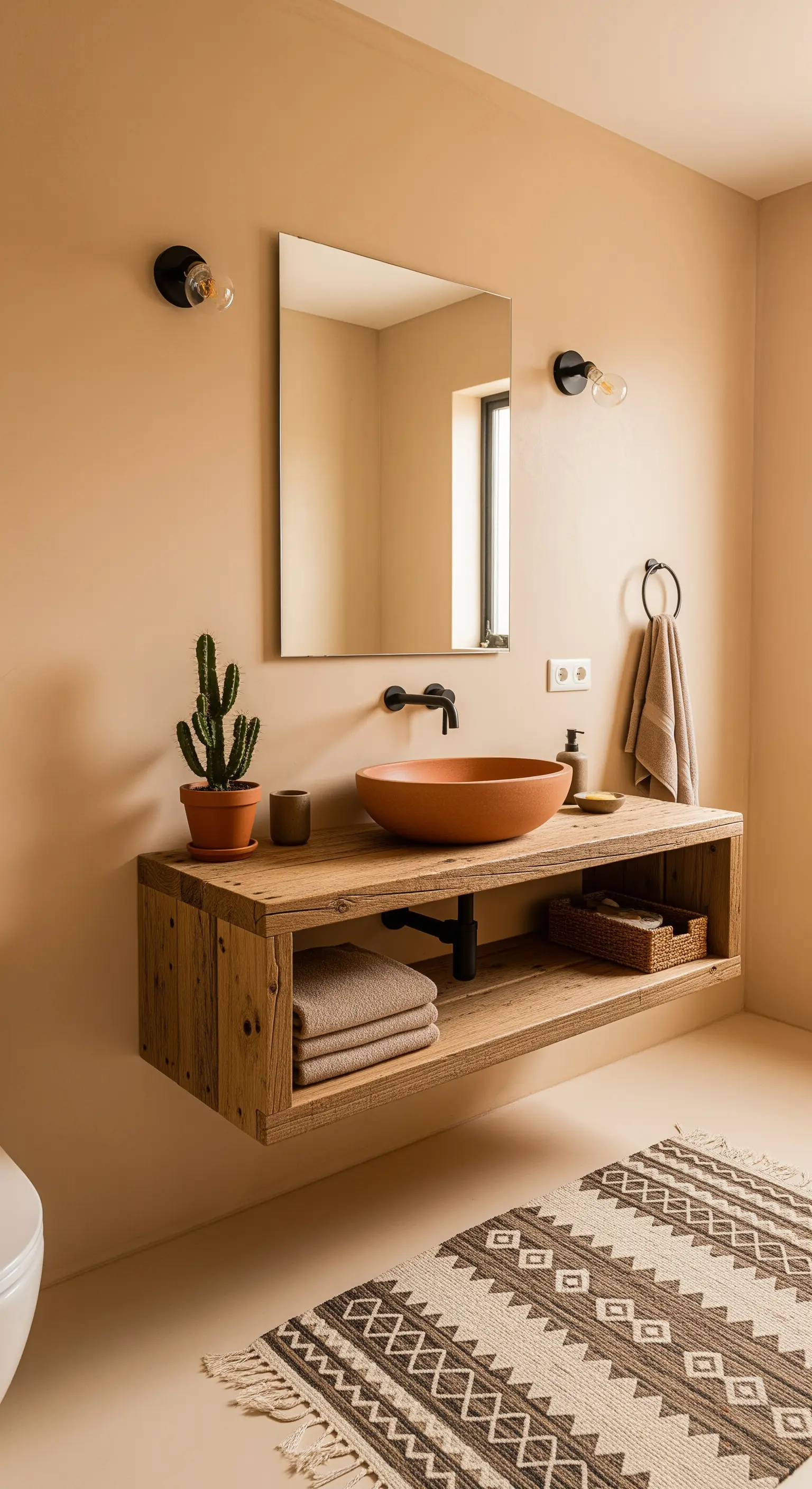 Lavabo in terracotta su mobile in legno riciclato, con pareti color argilla.