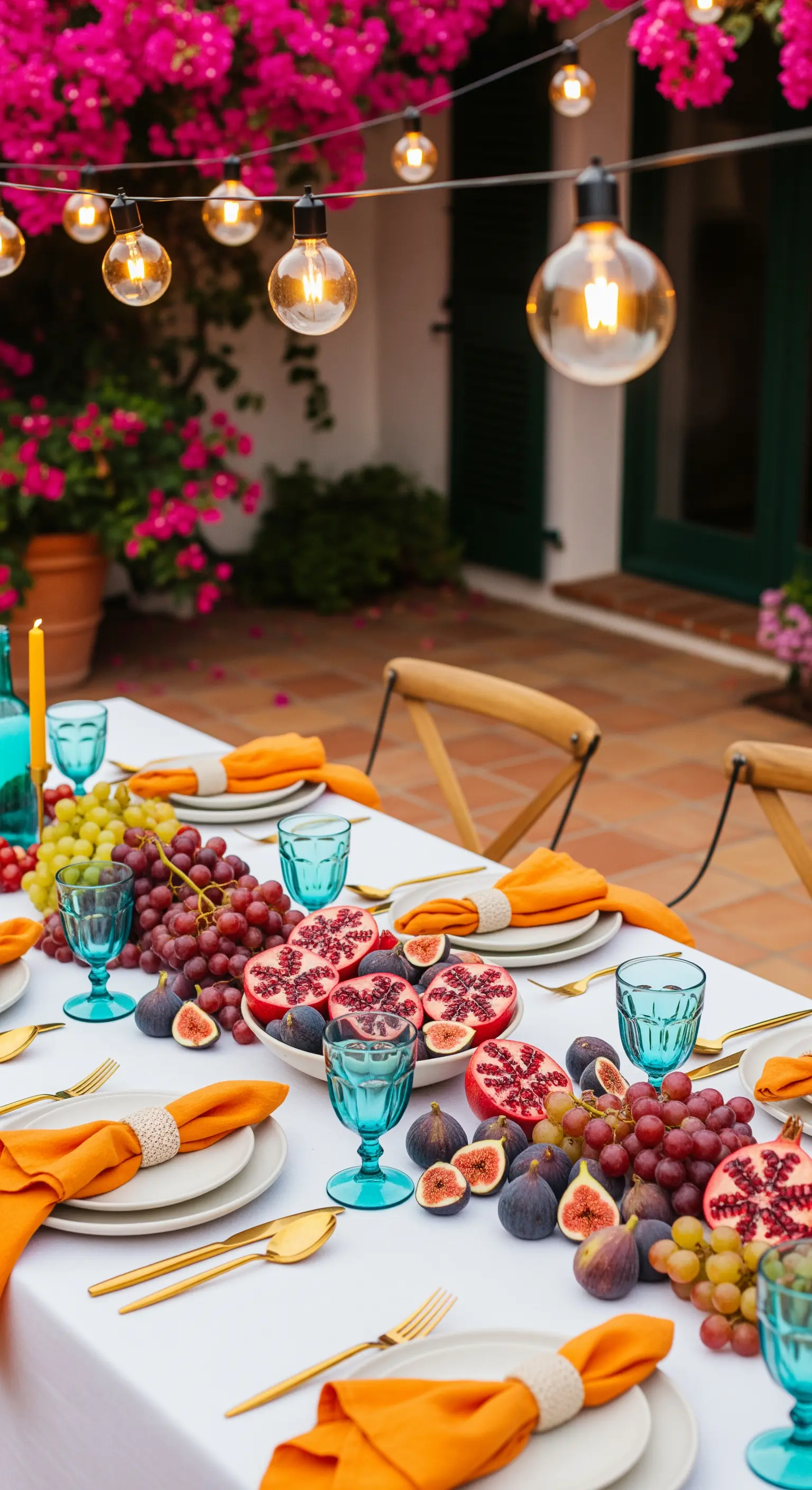 Tavola estiva con tovaglioli arancioni, bicchieri turchesi e frutta fresca.