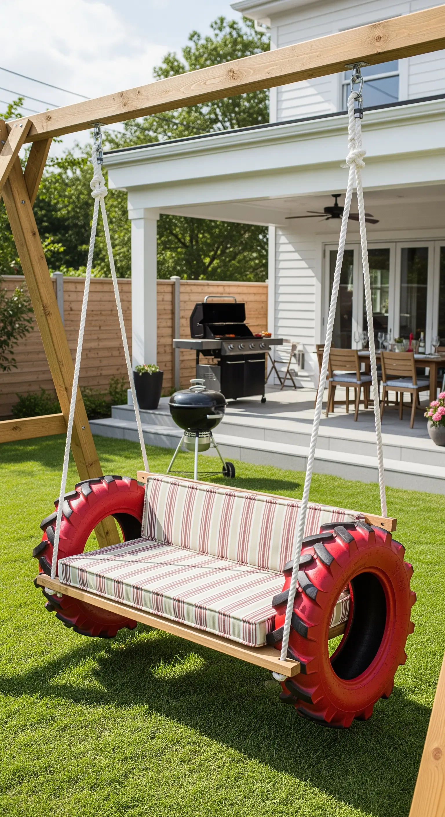 Panchina-altalena costruita con due pneumatici da trattore rossi e assi di legno.