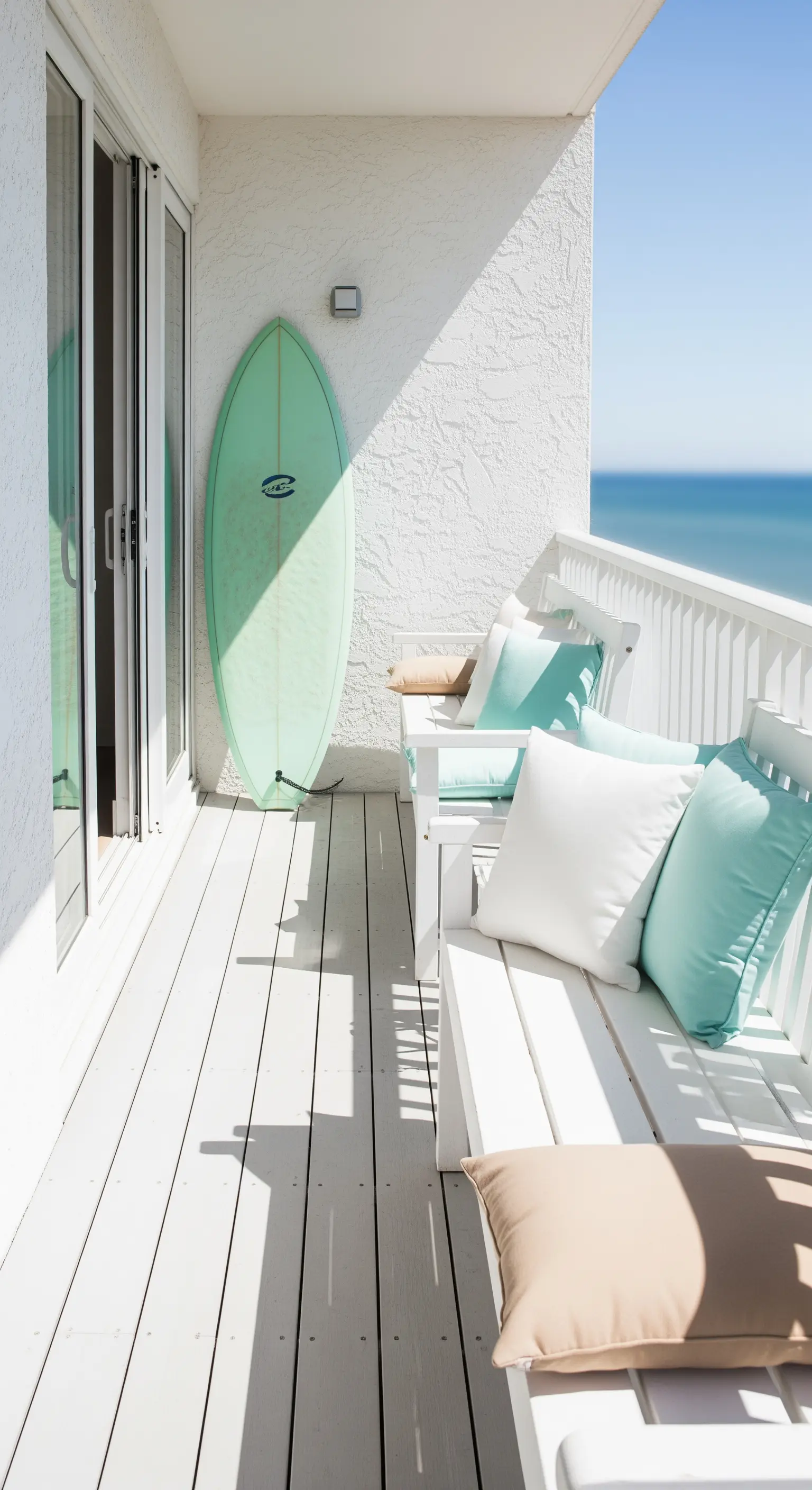 Balcone stretto con panca in legno bianco, cuscini pastello e tavola da surf.