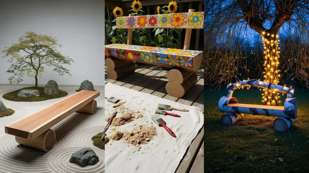 Diverse panche rustiche e creative realizzate con tronchi naturali, ideali per i tuoi progetti fai-da-te e il relax in giardino.