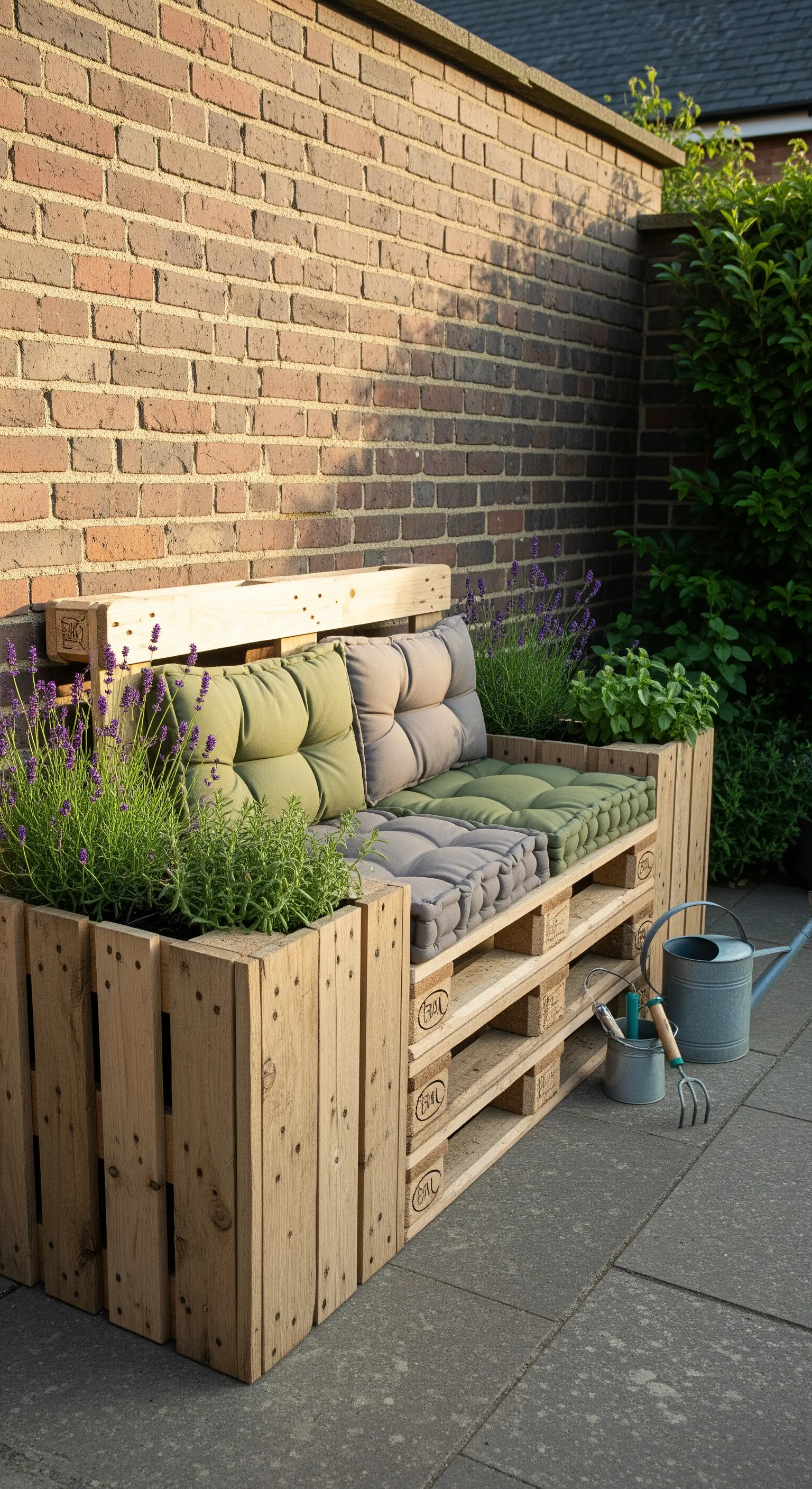 Panca in pallet con fioriere laterali integrate che ospitano piante di lavanda