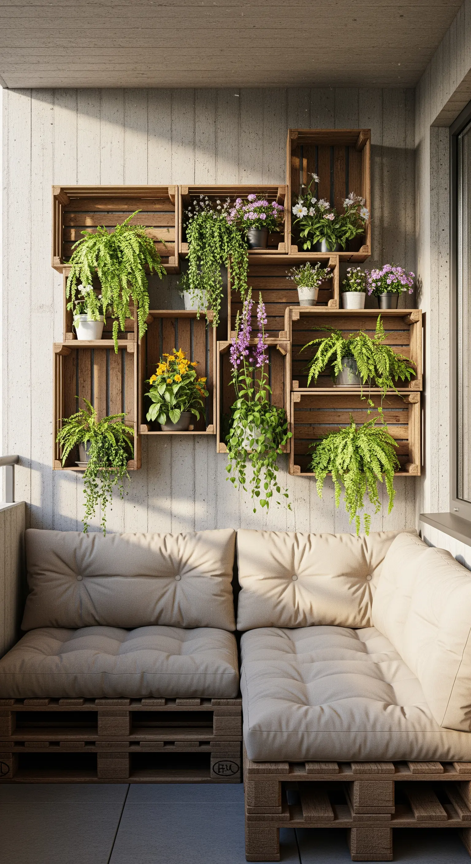 Parete di cassette di legno con felci e piante verdi dietro un divano fatto di pallet.