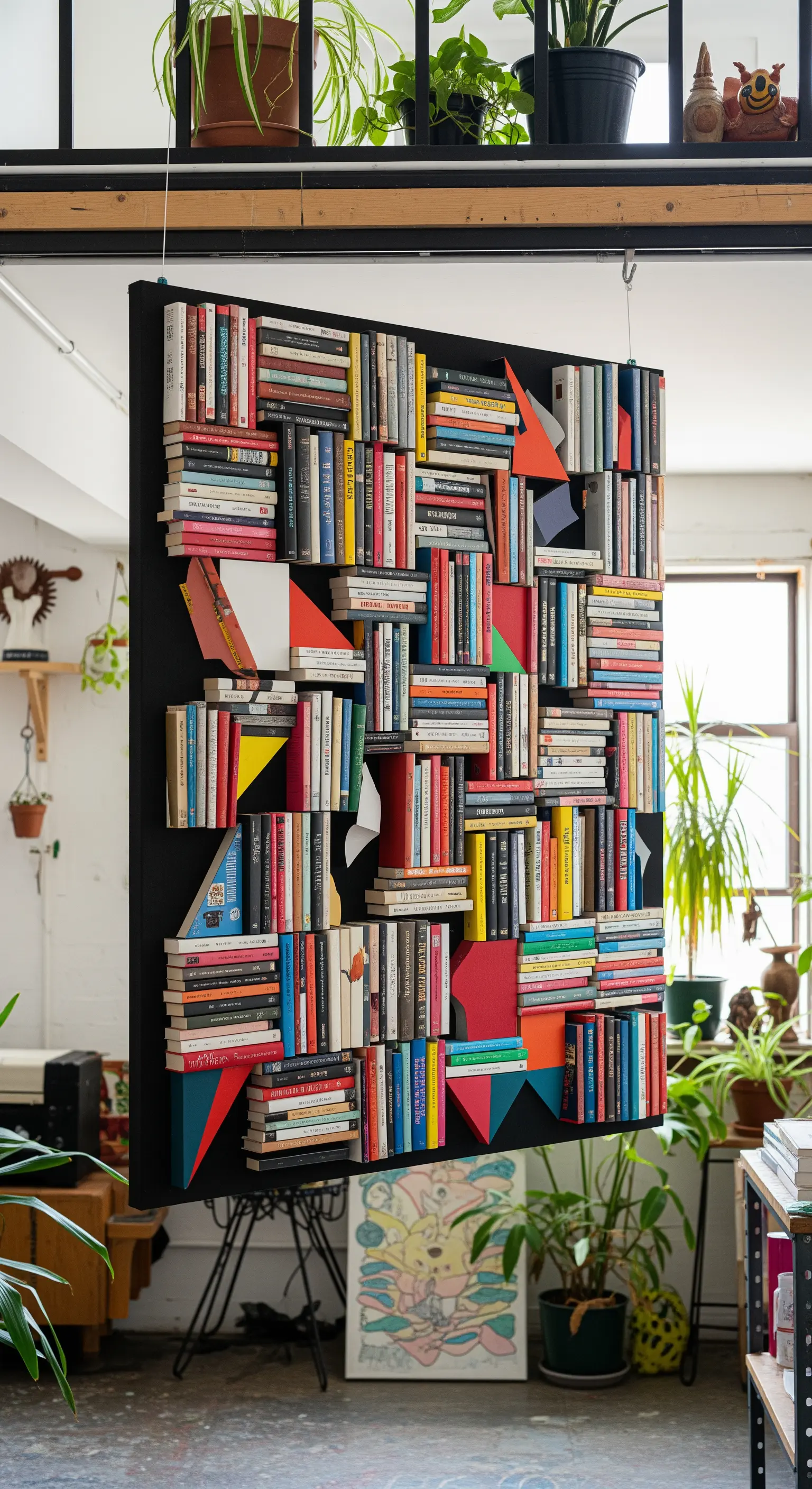 Pannello divisorio nero decorato con libri colorati e forme geometriche in un loft industriale.