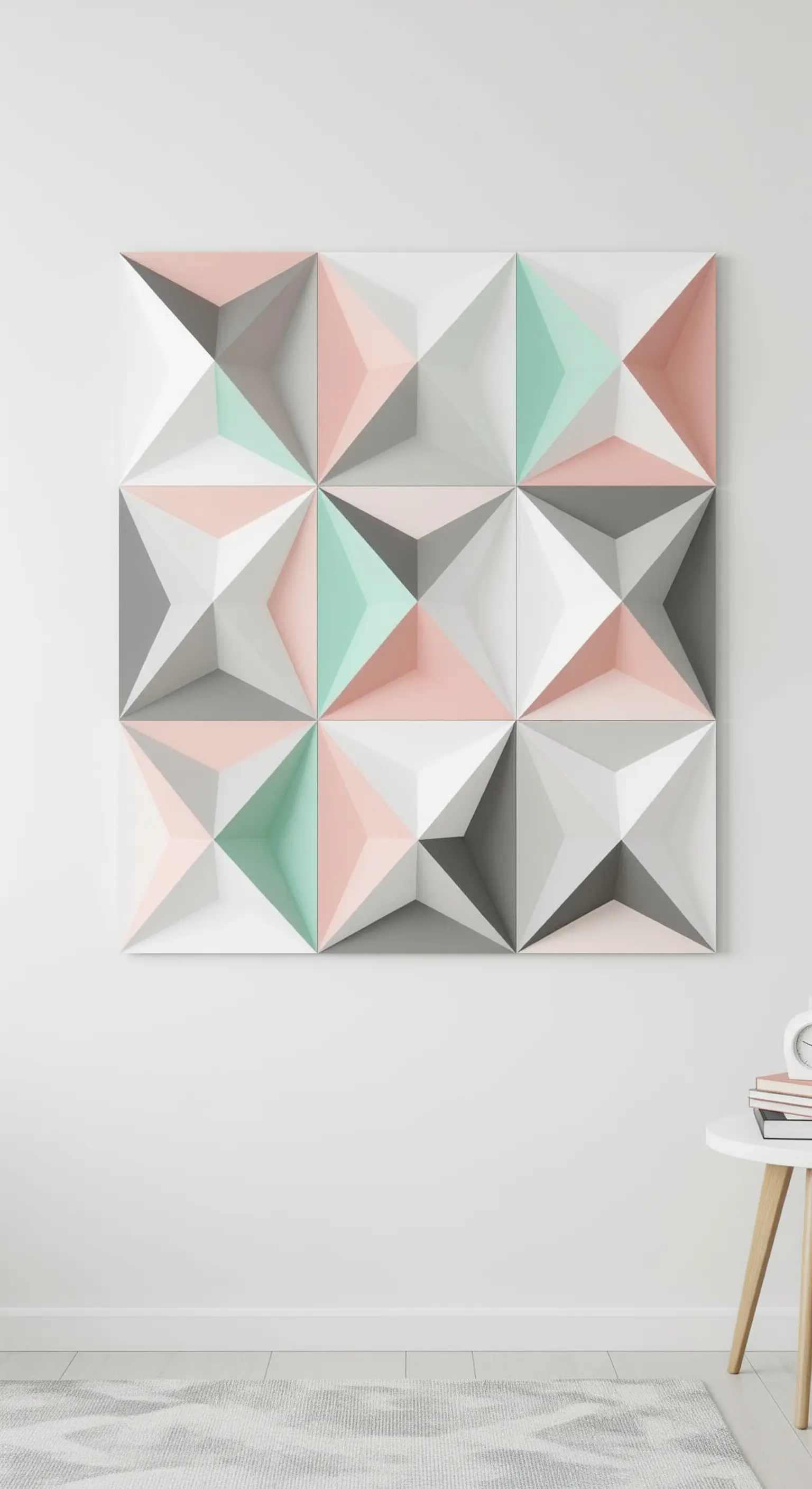 Pannello murale 3D composto da nove piramidi di carta in colori pastello e grigio.