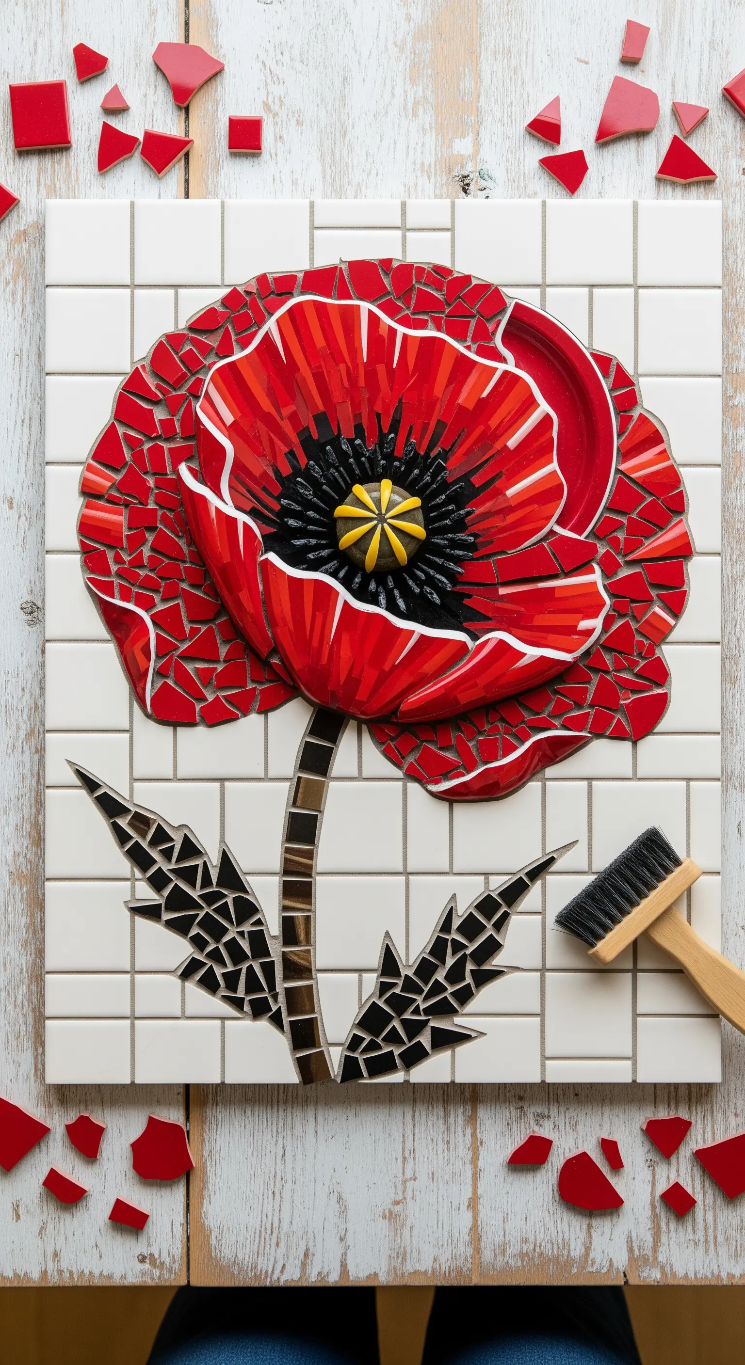 Mosaico di un grande papavero rosso con centro nero e giallo, su fondo di piastrelline bianche.