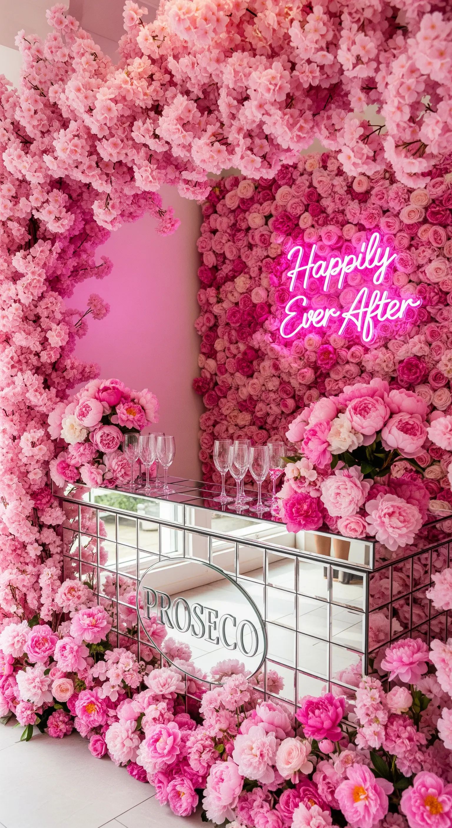 Bar a specchio circondato da una parete di rose rosa e insegna 