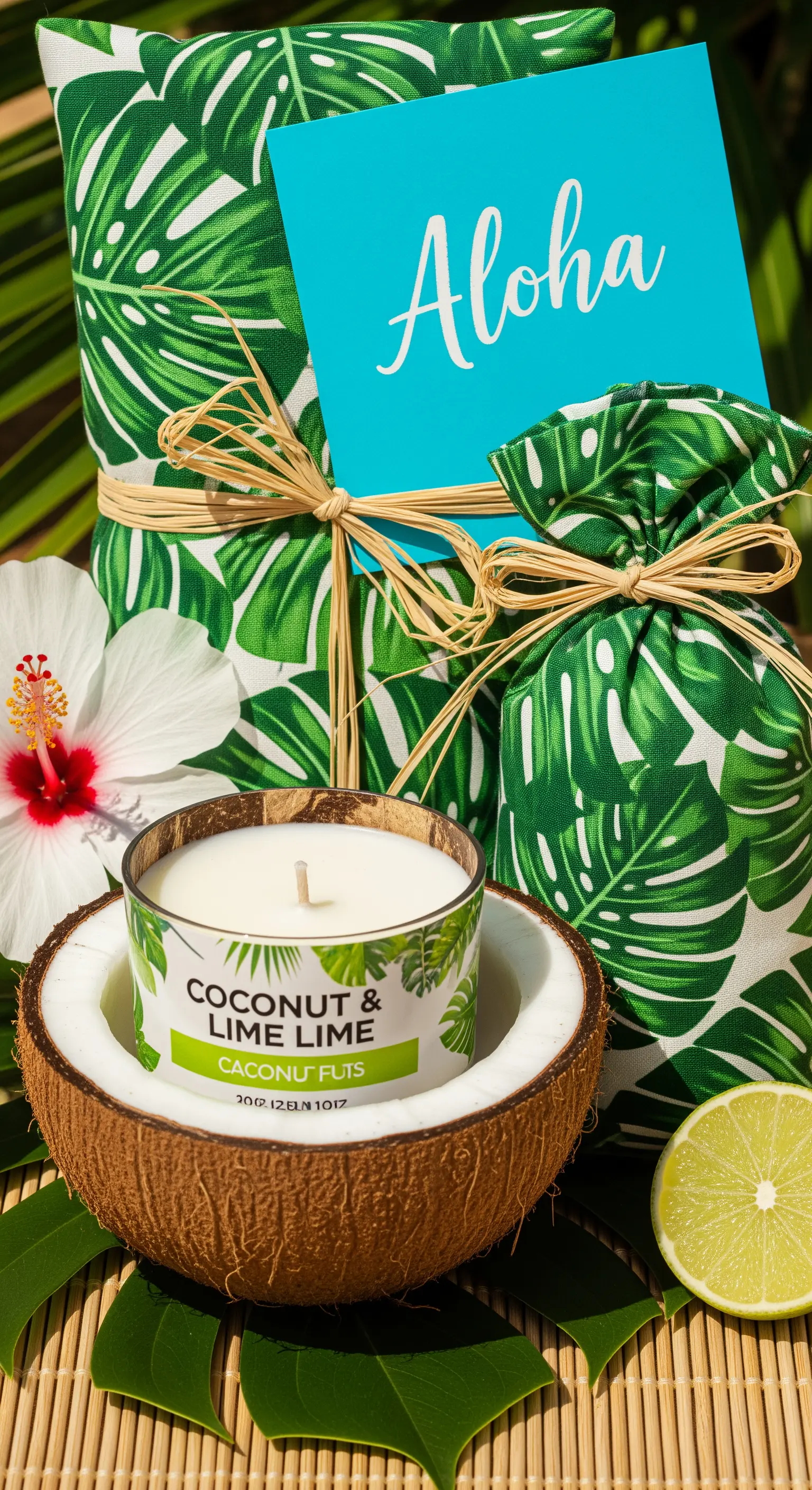 Candela al cocco in un guscio, pacchetti con stampa a foglie tropicali e un fiore di ibisco.