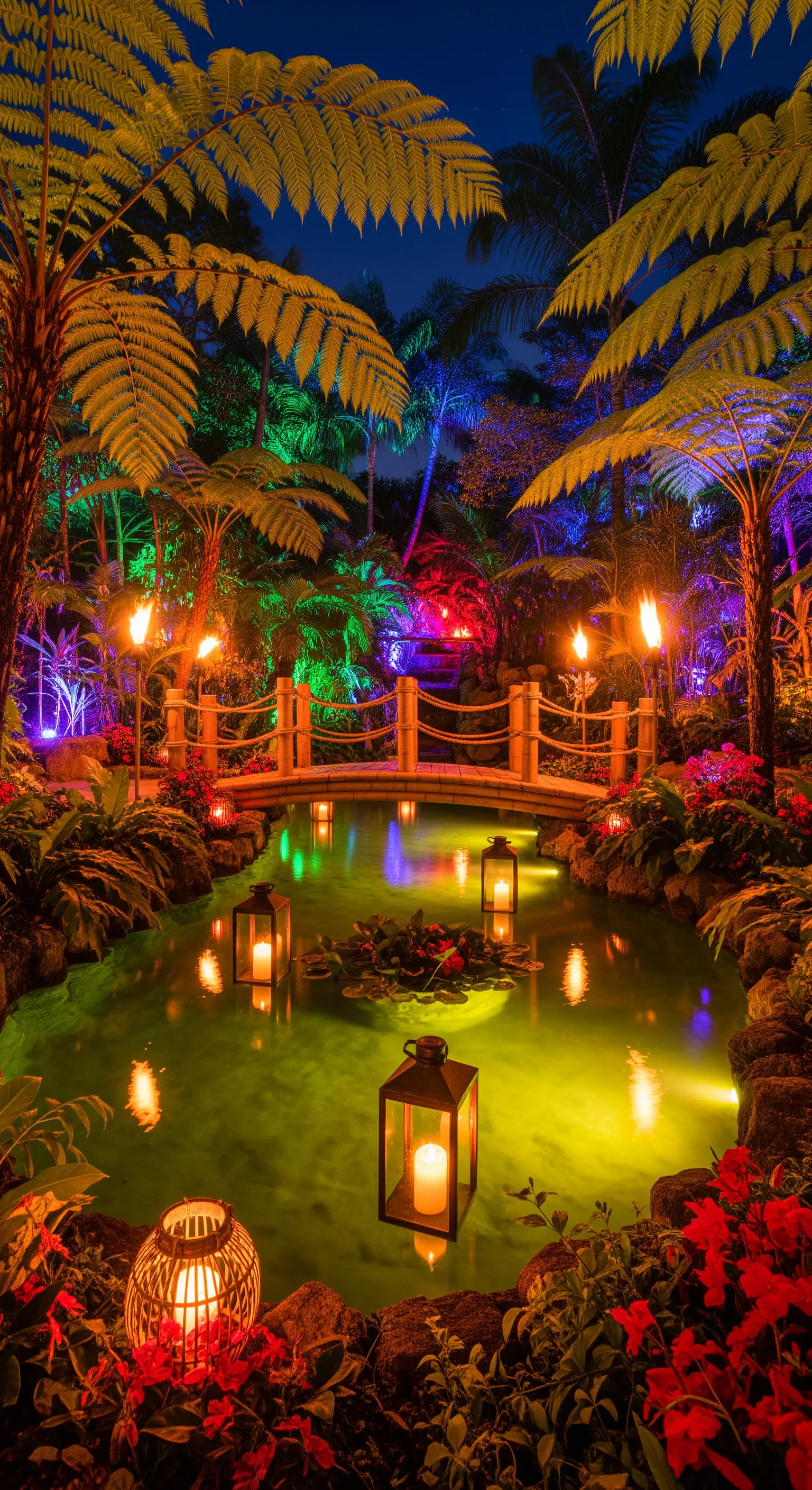 Giardino tropicale notturno con ponte in bambù, torce tiki e lanterne illuminate.