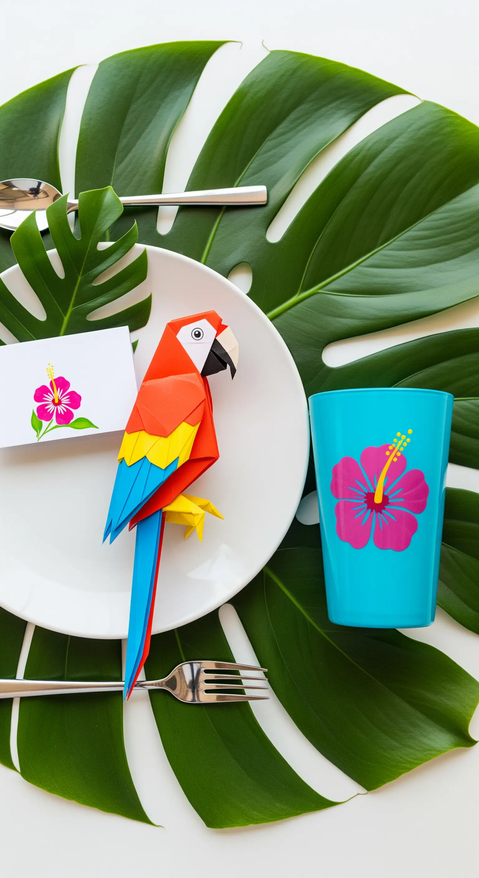 Mise en place tropicale con foglia di monstera come tovaglietta e pappagallo origami