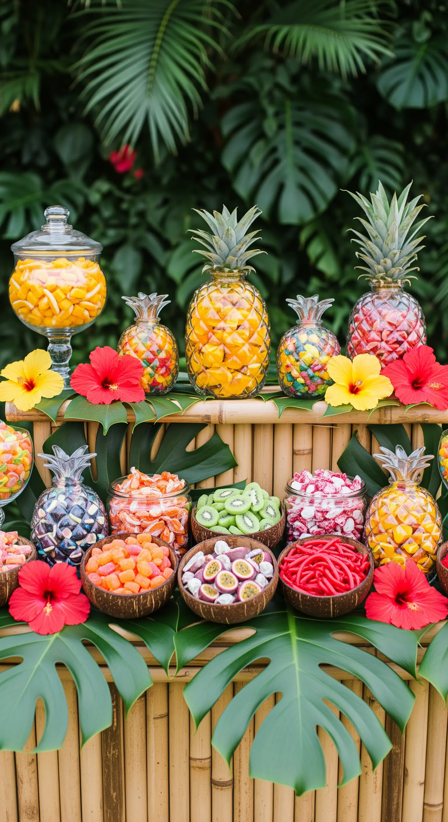 Candy bar tropicale con caramelle servite in ananas e noci di cocco, decorato con foglie e fiori