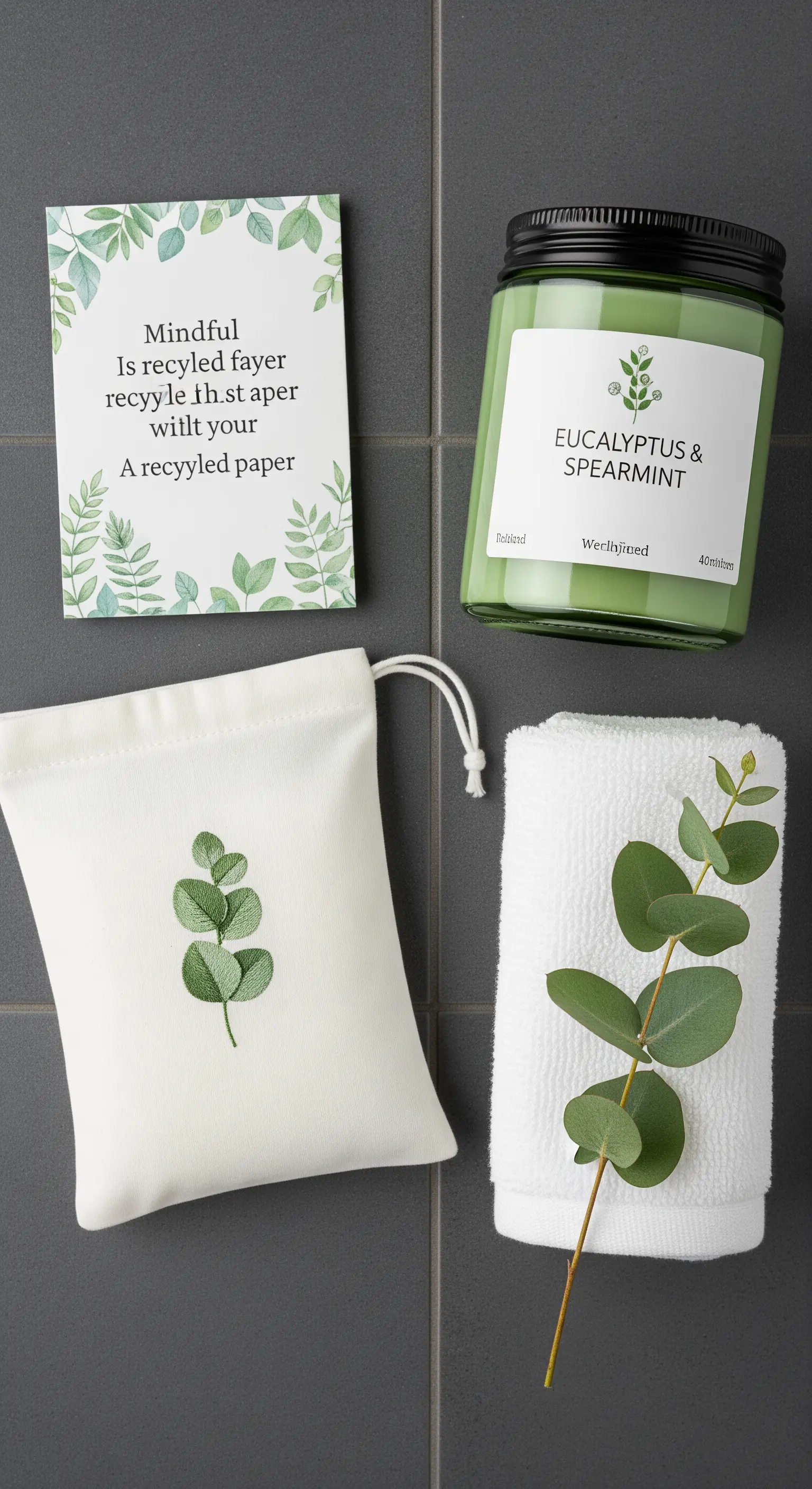 Set regalo a tema spa con candela all'eucalipto, sacchetto di cotone e asciugamano bianco.