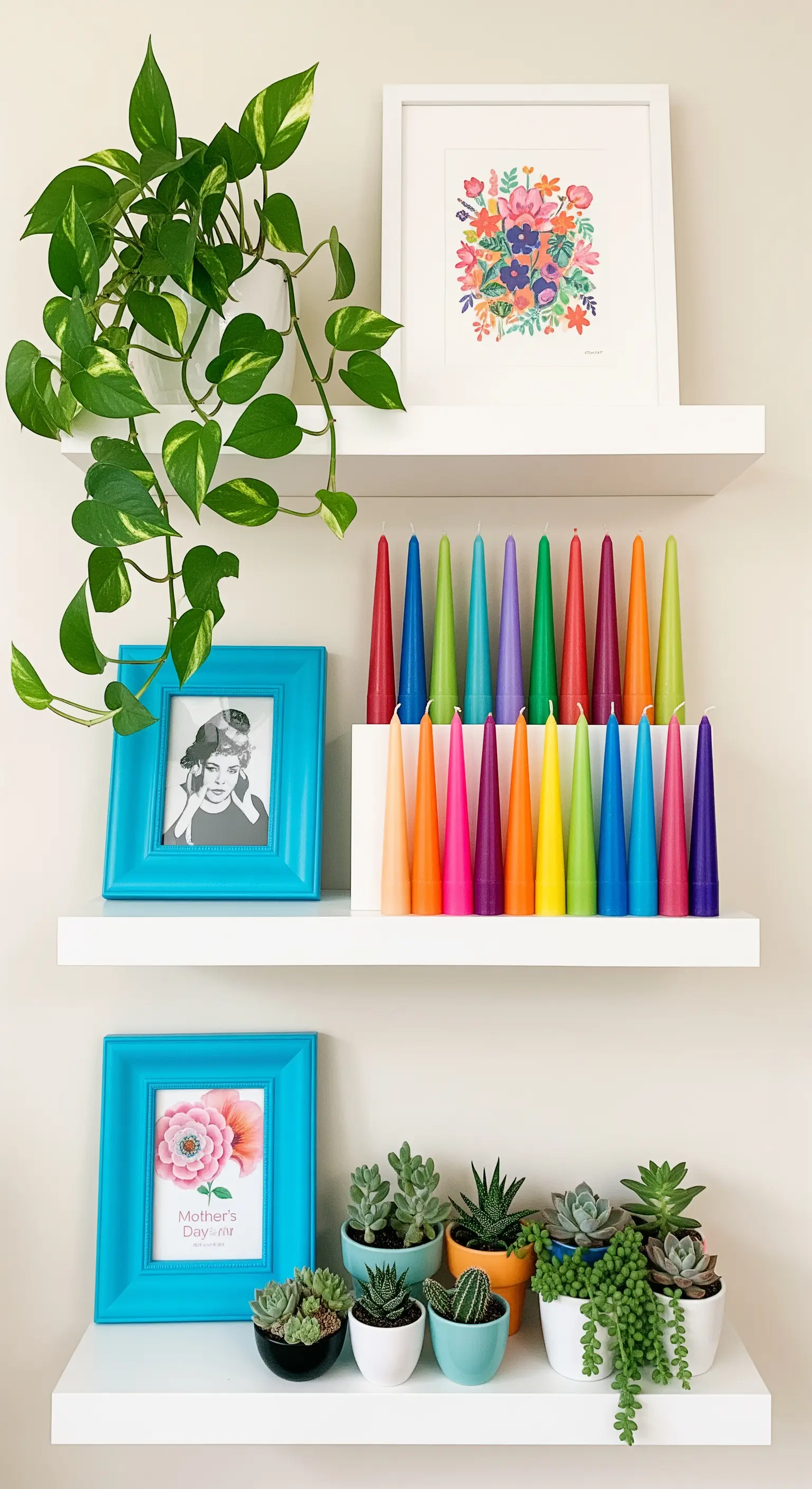 Mensole bianche con cornici colorate, una collezione di candele arcobaleno e piante grasse.