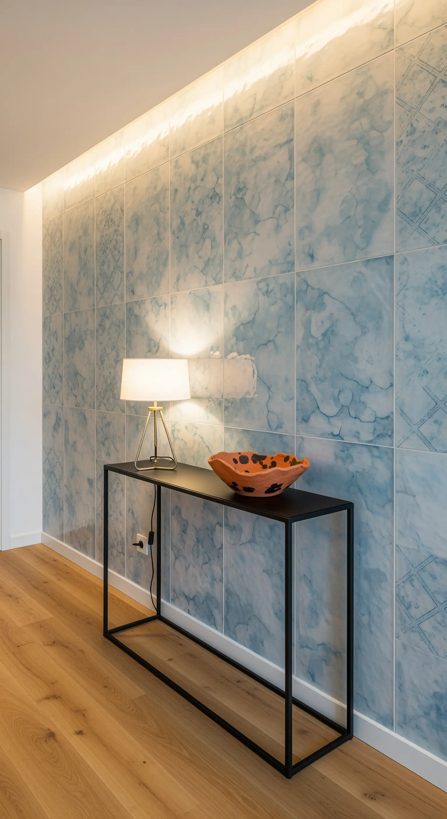 Parete d'ingresso rivestita con grandi piastrelle effetto acquerello blu, illuminate dall'alto.