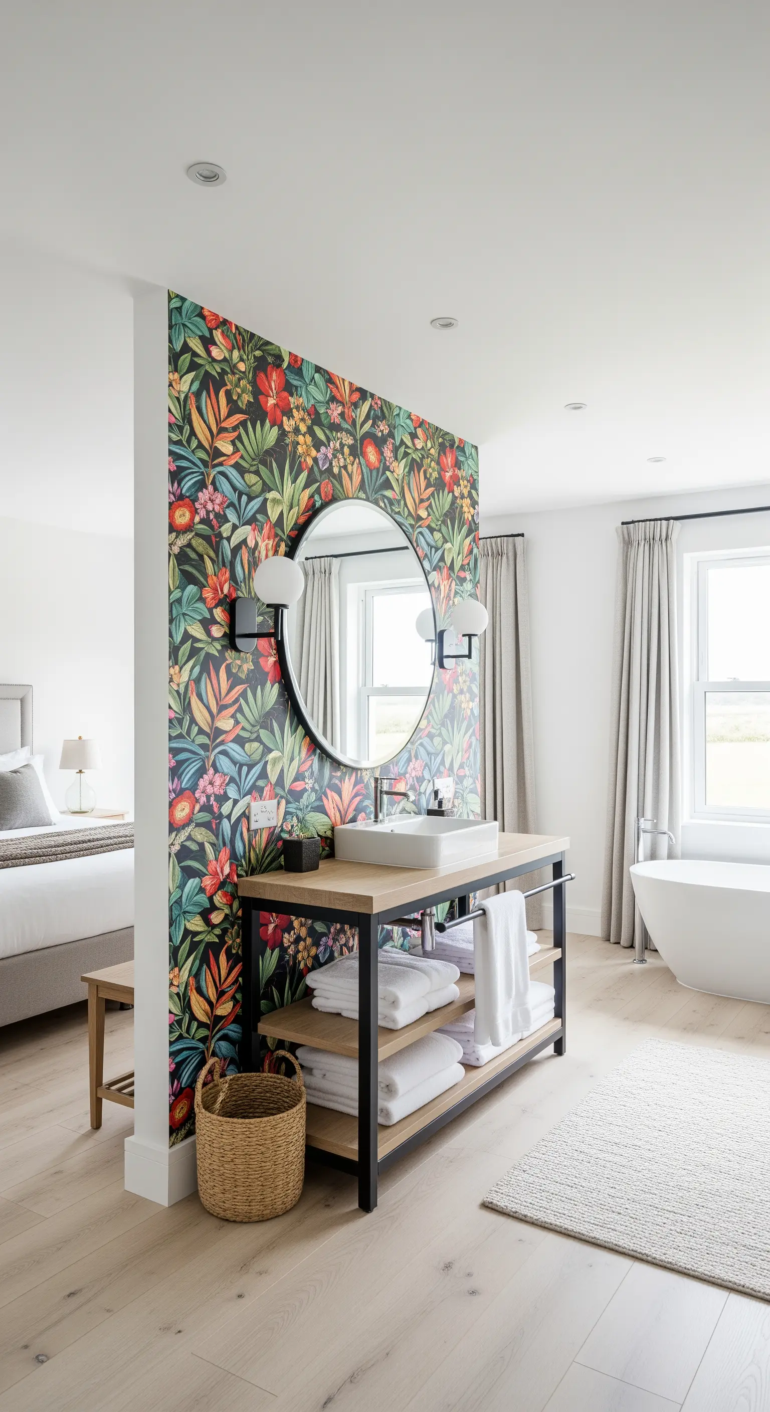 Zona bagno in una camera open space, definita da una parete con carta da parati floreale.