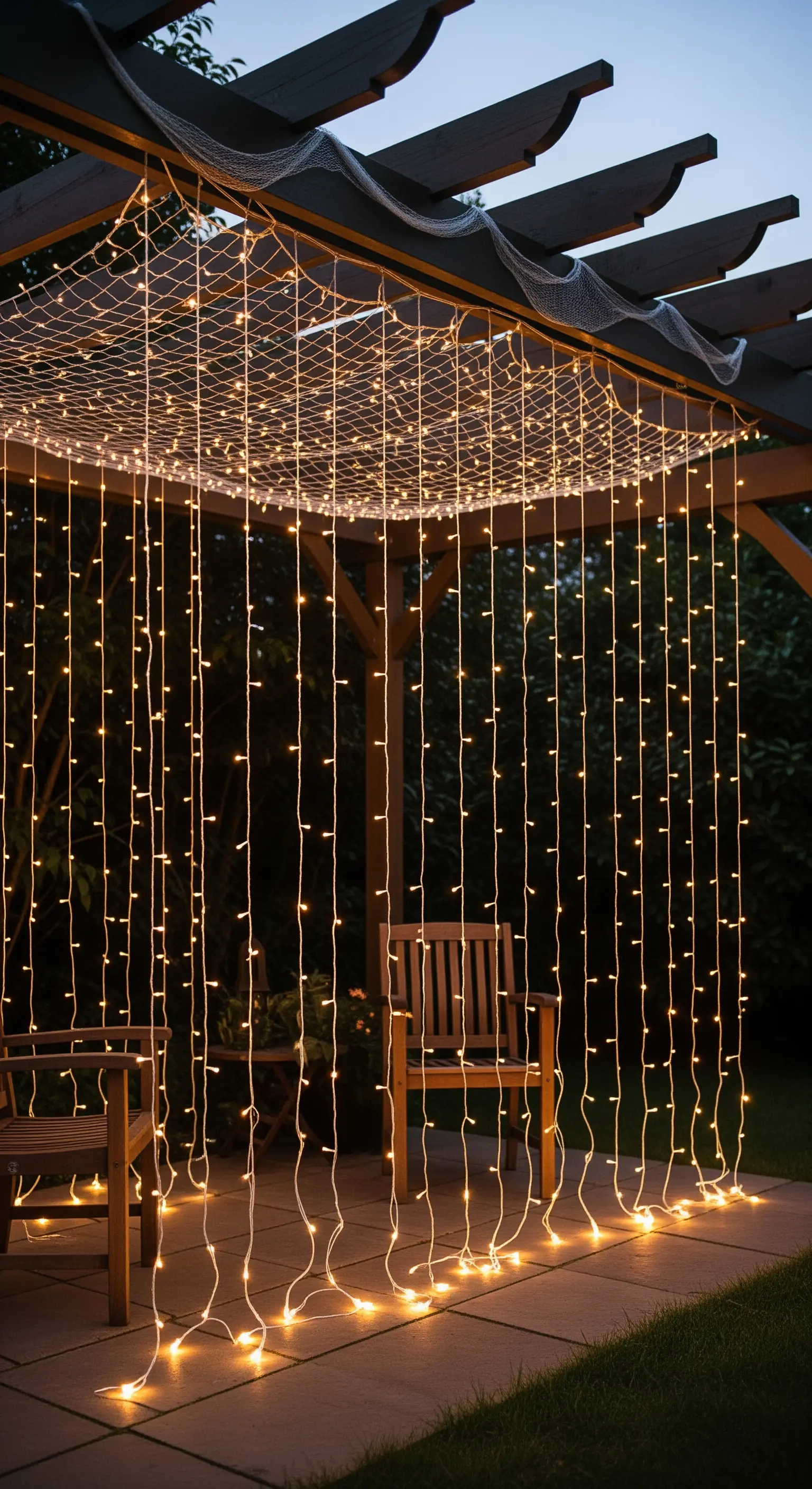 Tenda verticale di lucine calde appesa al soffitto di un pergolato.