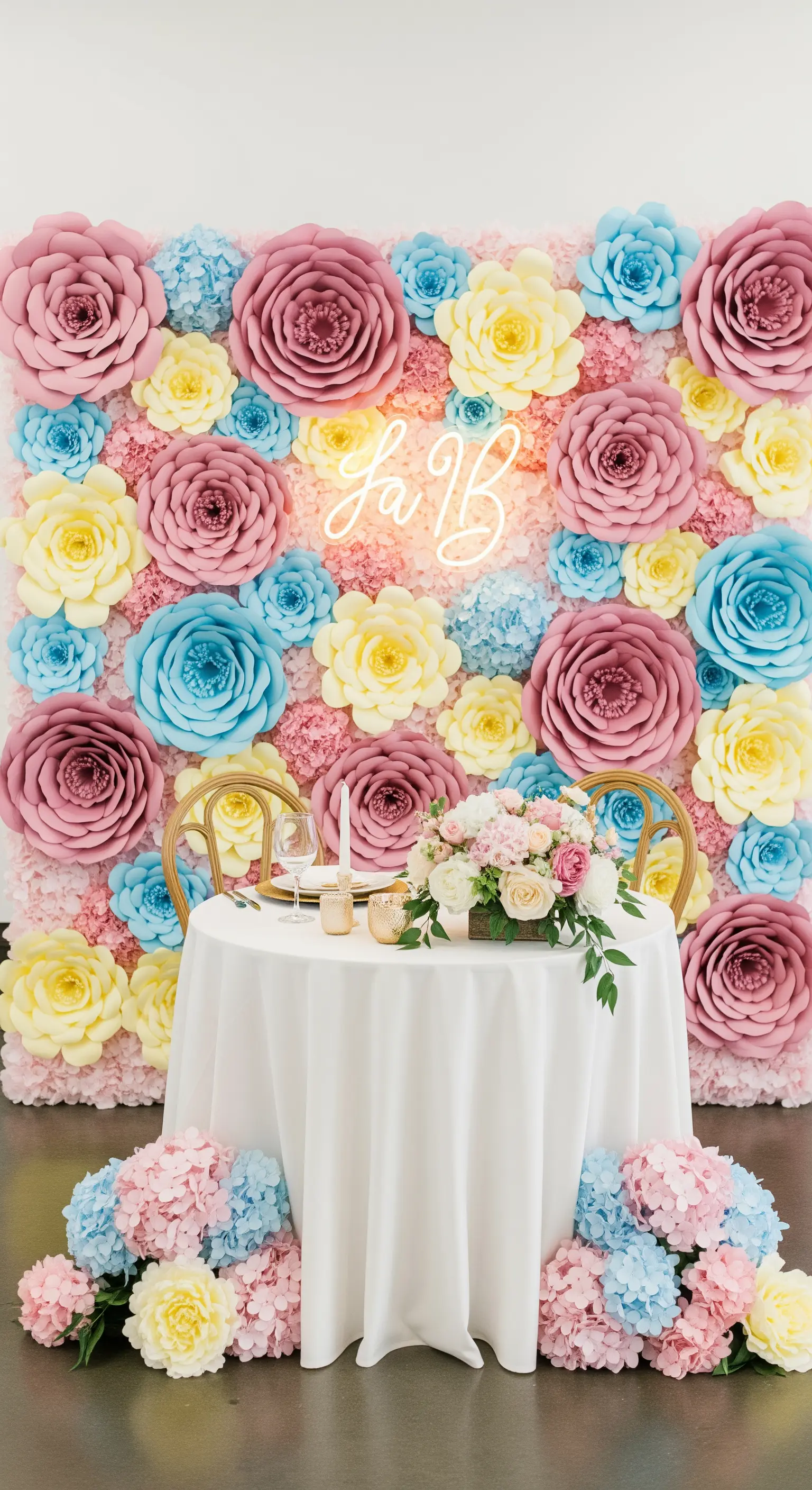 Tavolo per due davanti a una parete di fiori di carta rosa, gialli e blu con un'insegna al neon.
