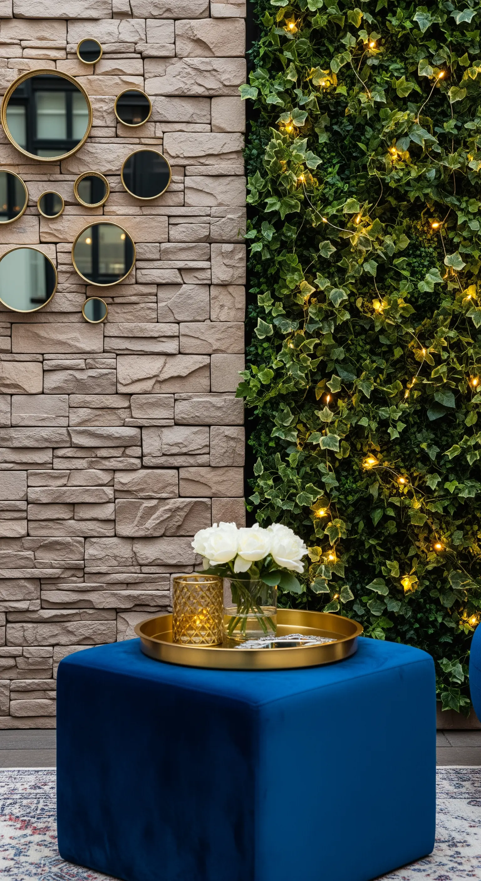 Parete divisa tra pietra con piccoli specchi dorati e un pannello verde verticale con lucine.