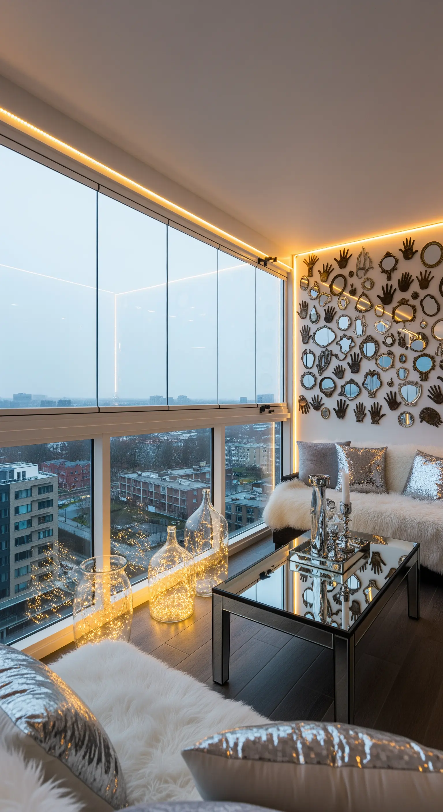 Parete di una veranda coperta da una moltitudine di piccoli specchi decorativi di forme diverse.