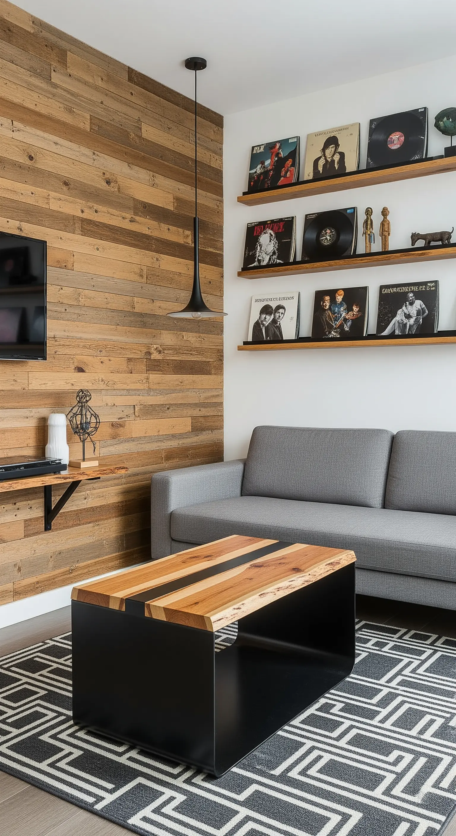 Parete in legno di recupero con mensole per vinili, divano grigio e tavolino design.