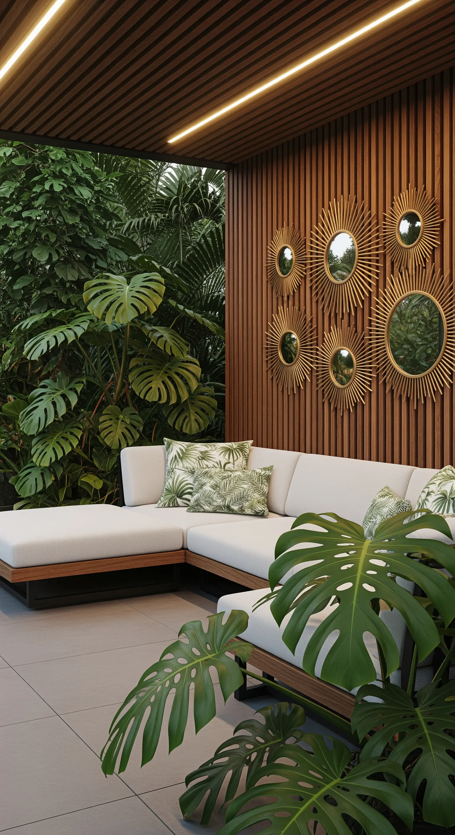 Veranda con parete in listelli di legno, divano bianco e una composizione di specchi dorati a raggiera