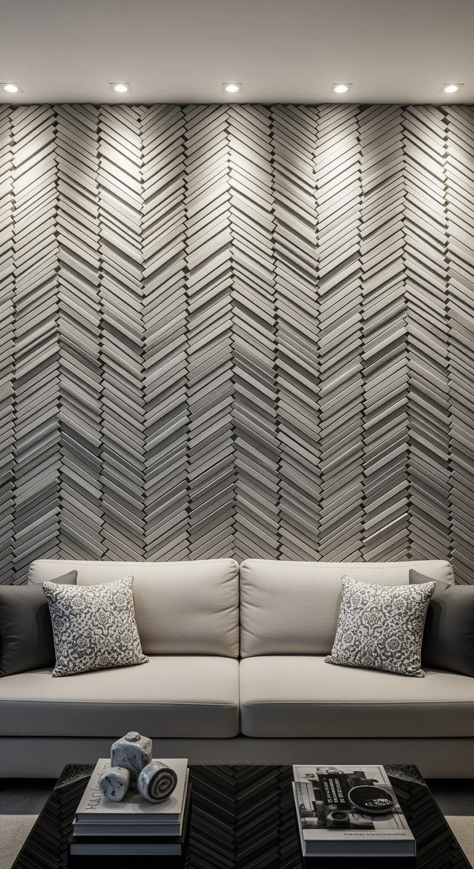 Parete decorativa con un motivo a spina di pesce creato con dorsi di libri in tonalità neutre.