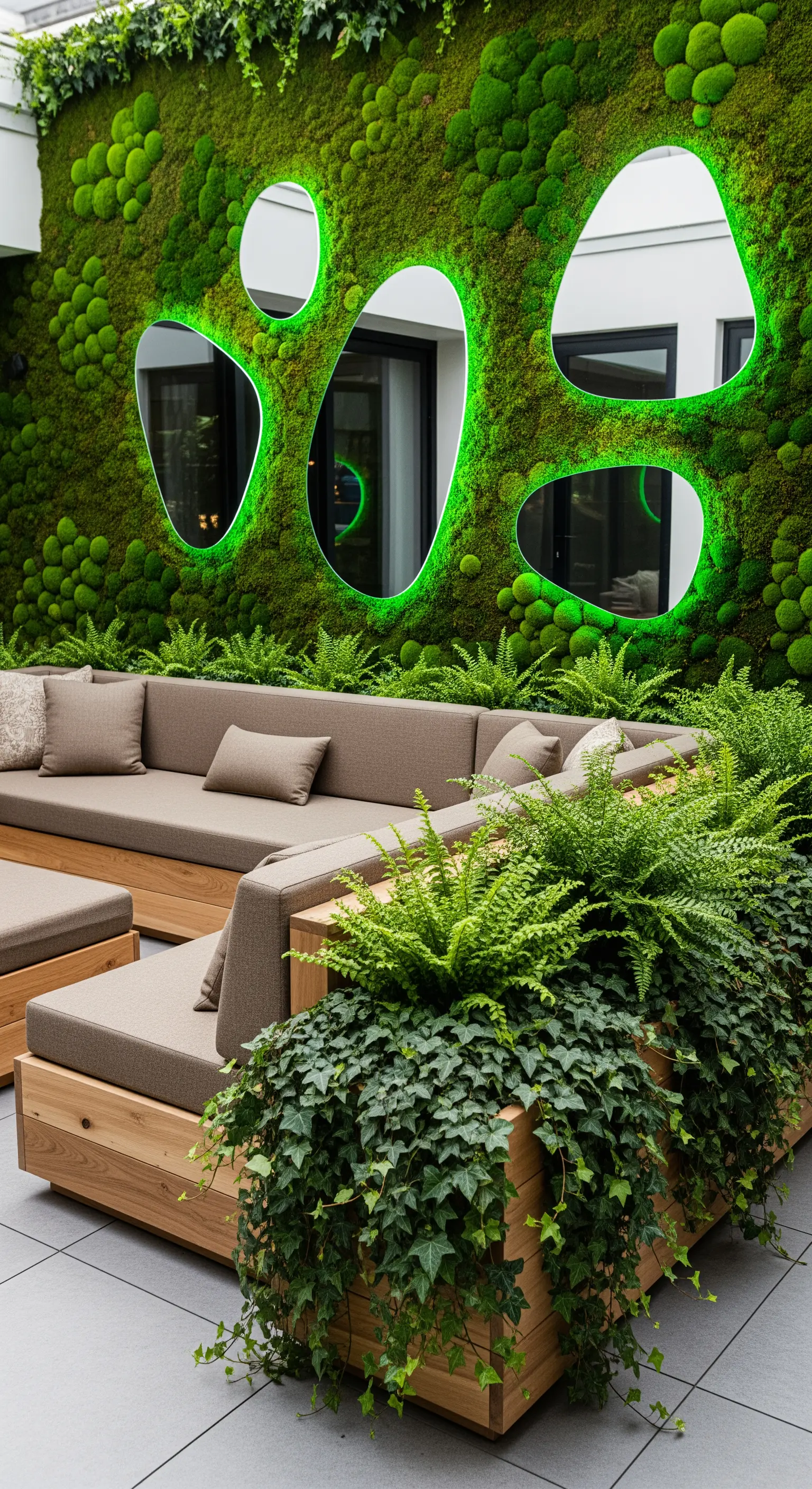Patio con parete di muschio verde, specchi organici retroilluminati e divano in legno.