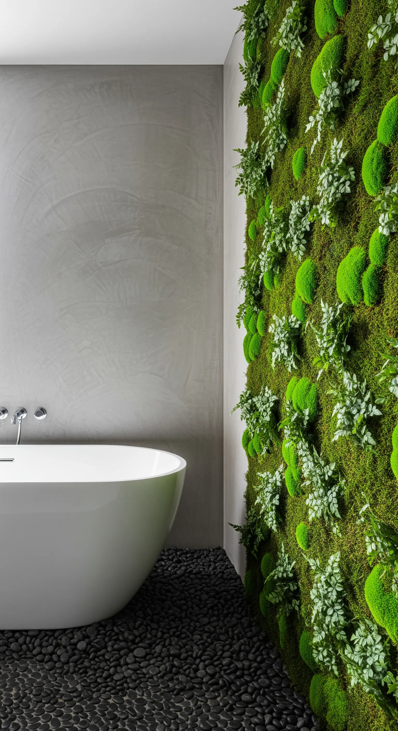 Vasca bianca accostata a una parete interamente ricoperta di muschio verde vivo.