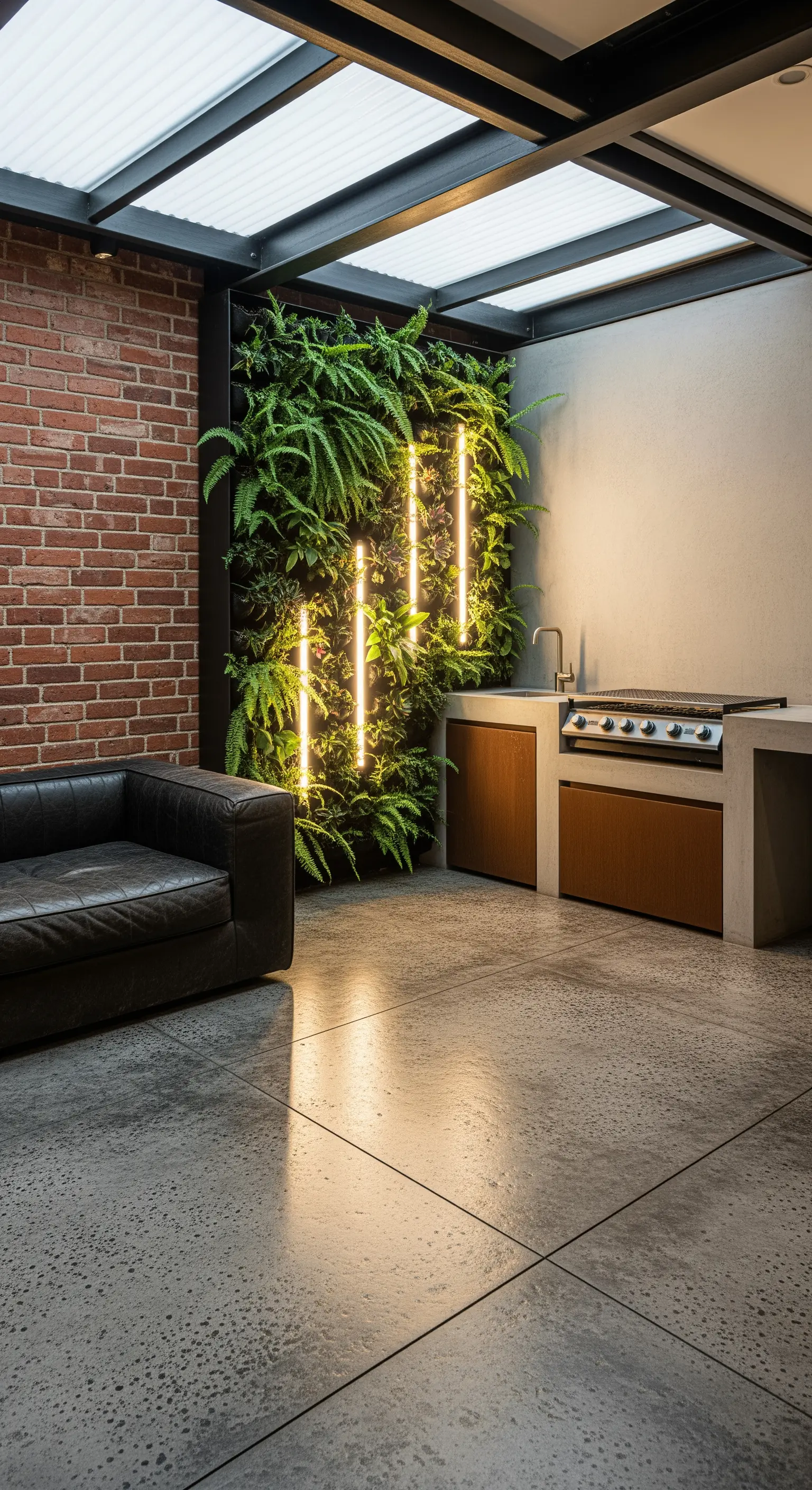 Patio coperto con parete vegetale verticale illuminata da barre LED, cucina esterna e pavimento in cemento