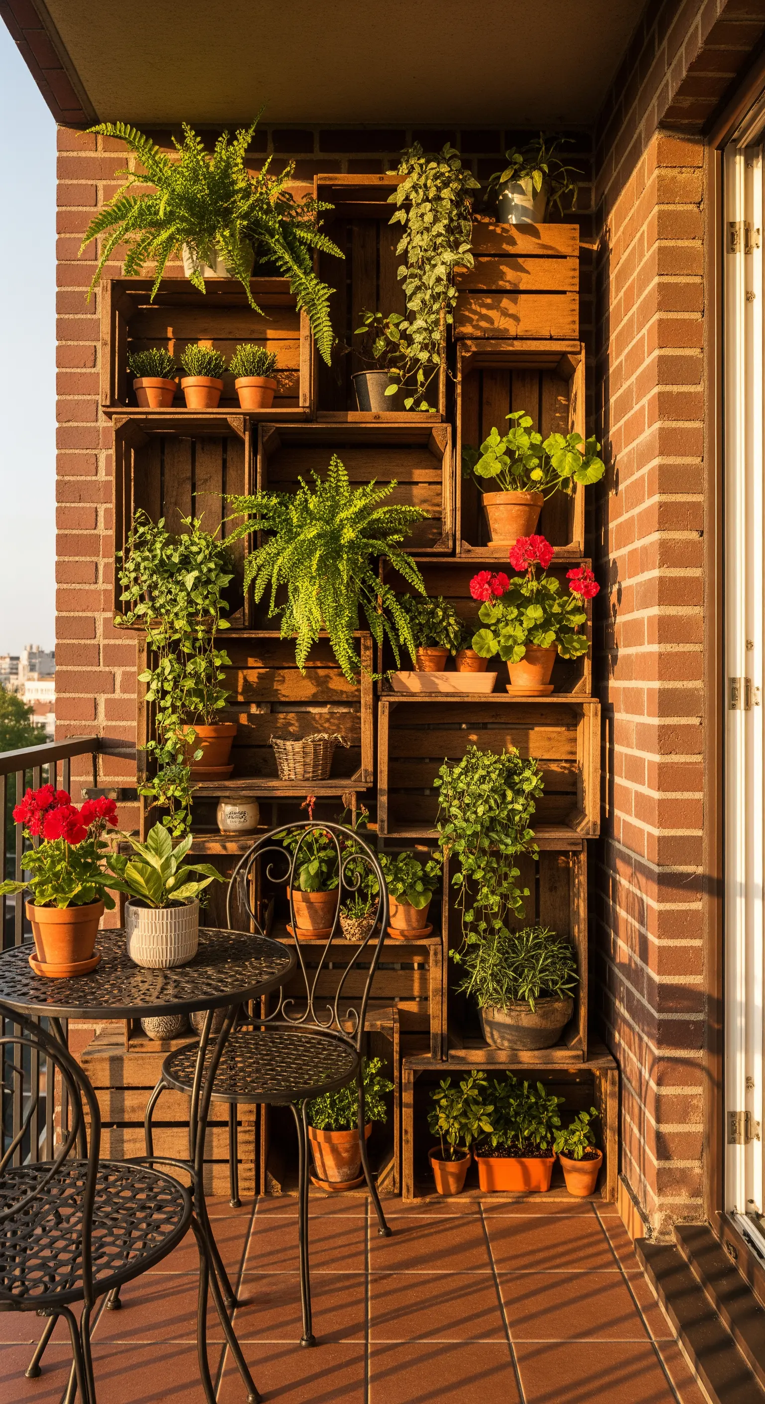 Parete di un balcone in mattoni coperta da cassette di legno usate come scaffali per piante.