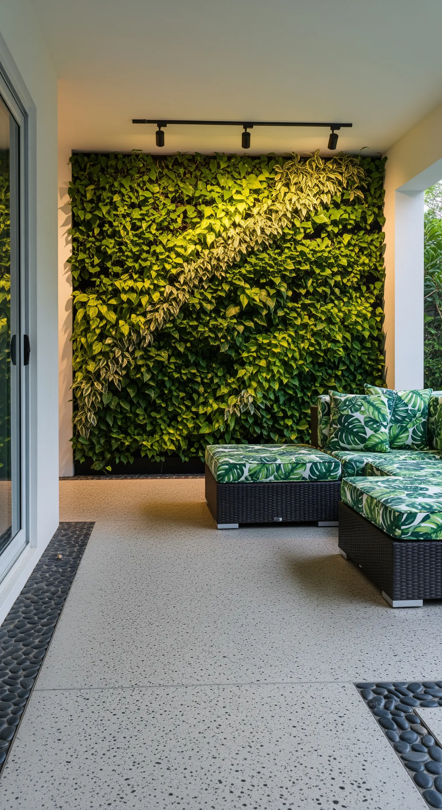 Portico con parete verde verticale, pavimento in terrazzo e divano con cuscini a foglia di palma
