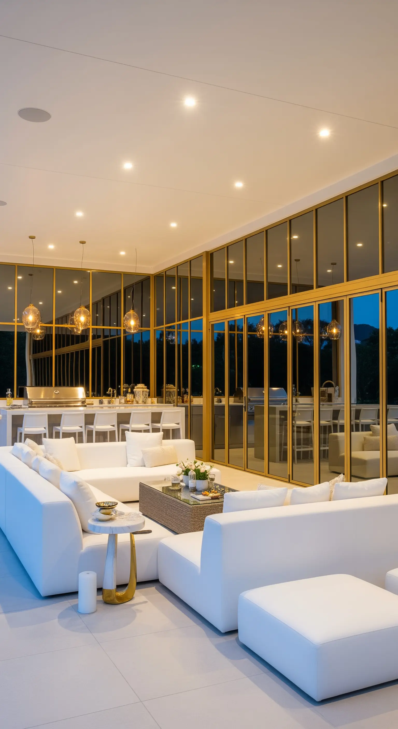 Grande veranda moderna con vetrate a tutta altezza con profili dorati e ampi divani bianchi