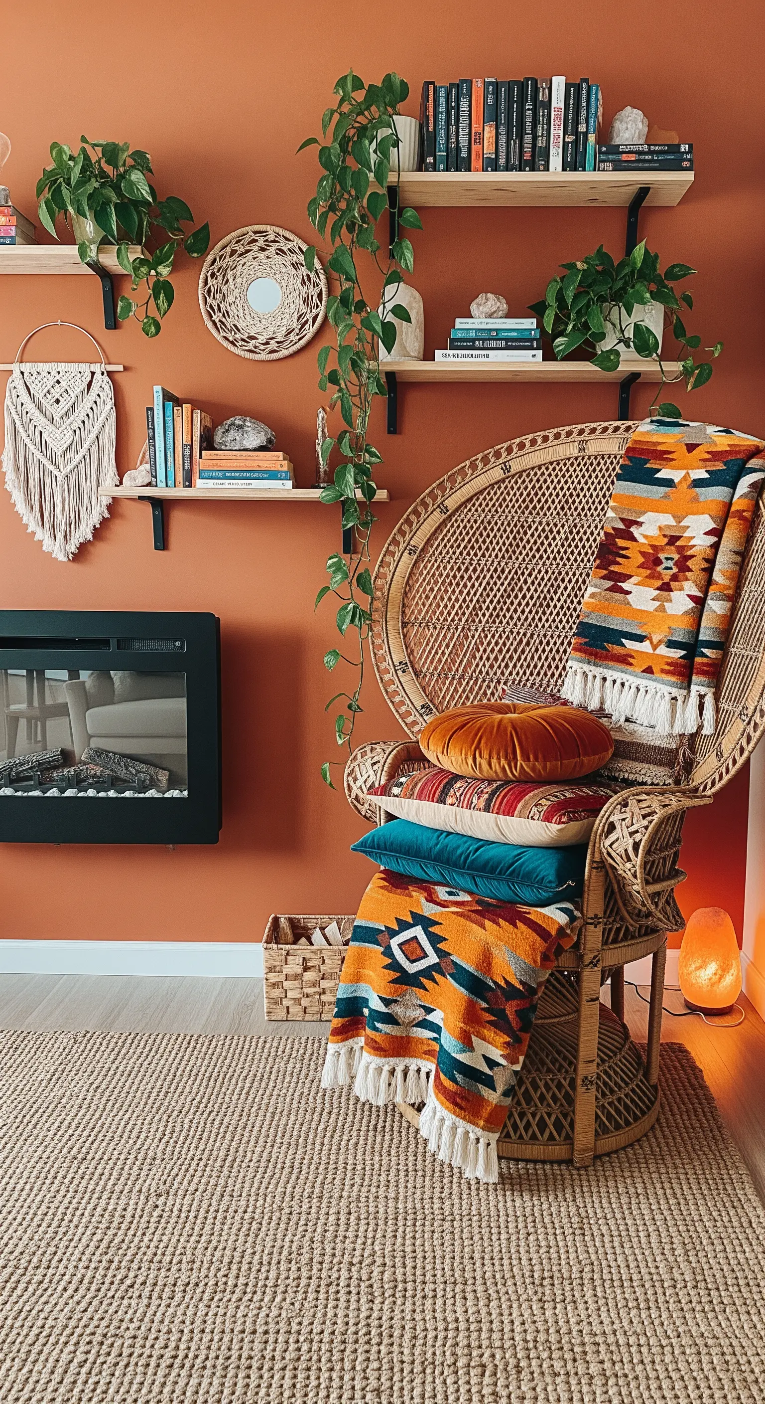 Angolo lettura bohémien con parete terracotta, poltrona in rattan e tessuti etnici.