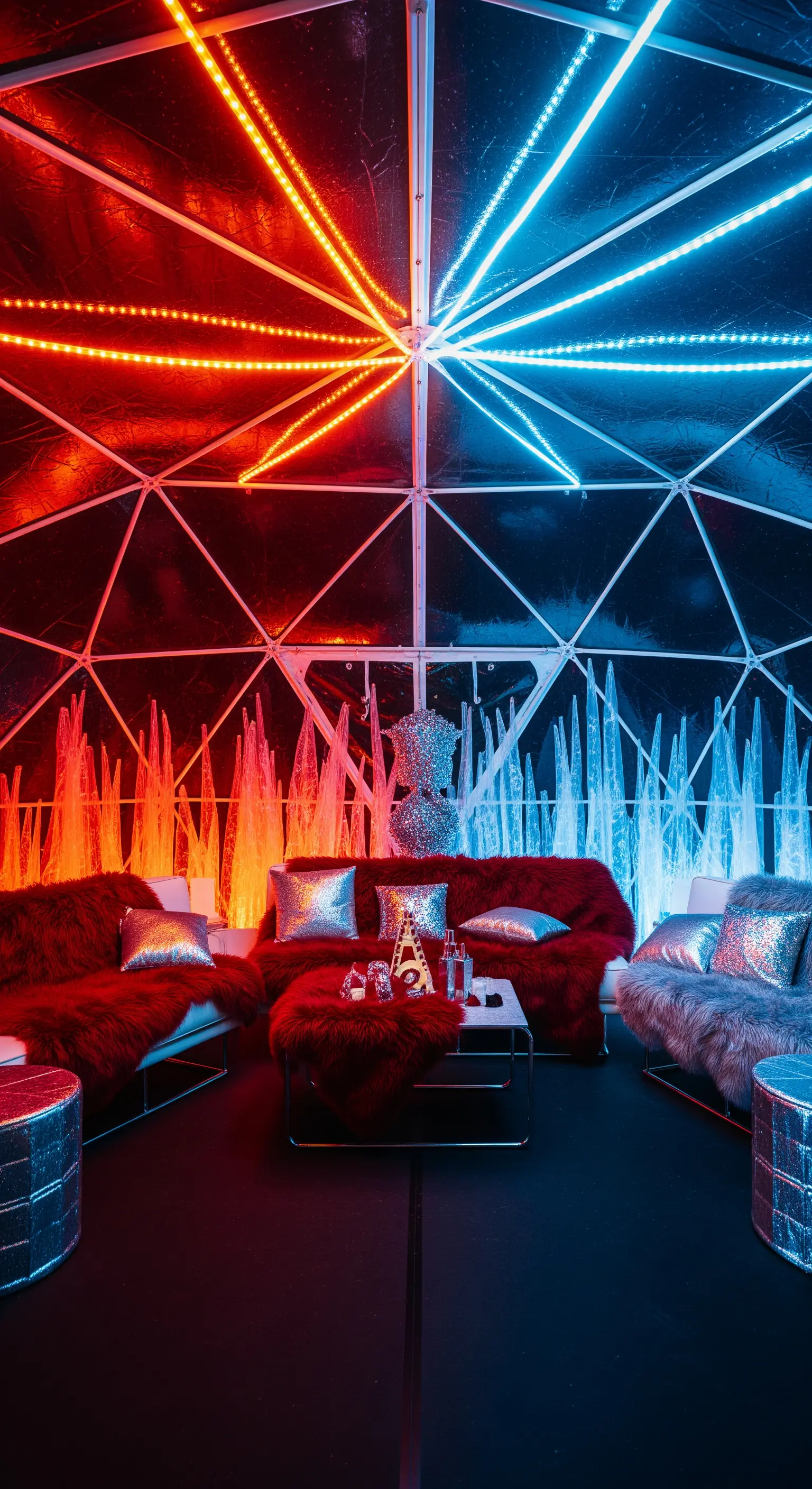 Interno di una cupola geodetica con luci al neon rosse e blu e divani in pelliccia.