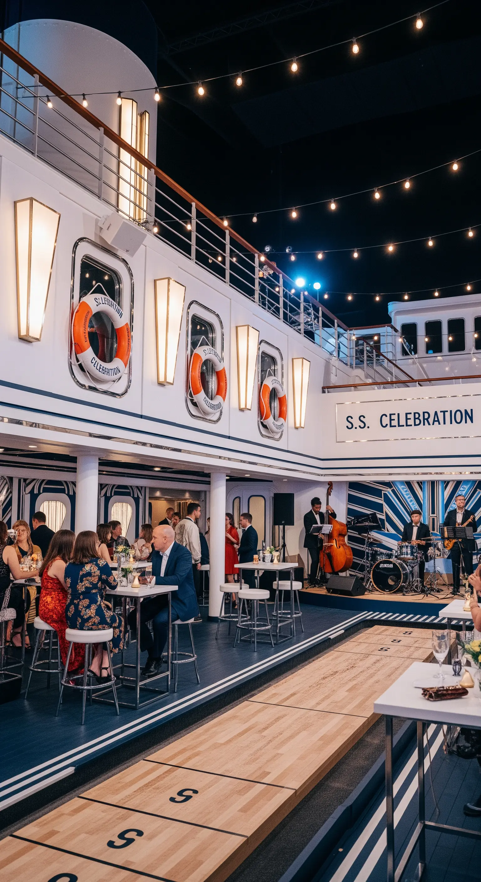 Festa a tema nave da crociera con salvagenti, oblò e una band jazz dal vivo.